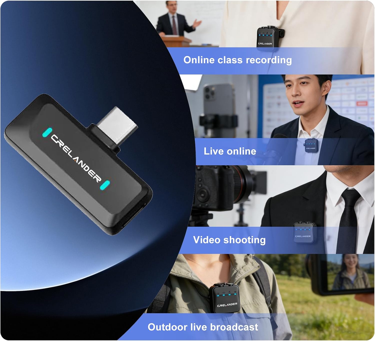 Crelander Mini Wireless Lavalier Microphone for iPhone/Camera/Android, Ultralight Intelligent Noise Cancelling, Video Recording Podcast, 7h Use (Type C)