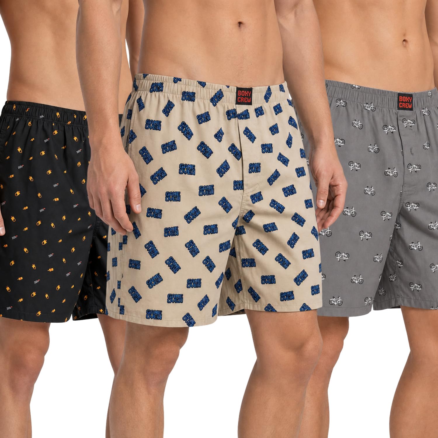 Men's 100% Cotton Printed Boxer Shorts Pack of 3 with Dual Side Pockets and Fabric-Covered Waistband - Black/Beige/Grey, Styles MBX016, MBX019, MBX022-picture-51