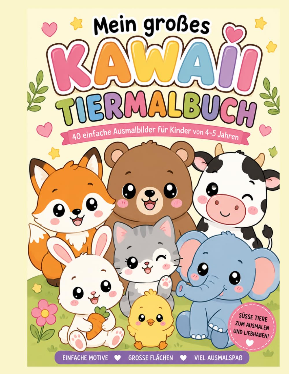 Mein großes Kawaii Tiermalbuch: 40 einfache Ausmalbilder für Kinder von 4–5 Jahren: Niedliche Tiere zum Ausmalen | Große Ausmalflächen | Perfekt für kleine Kinderhände
