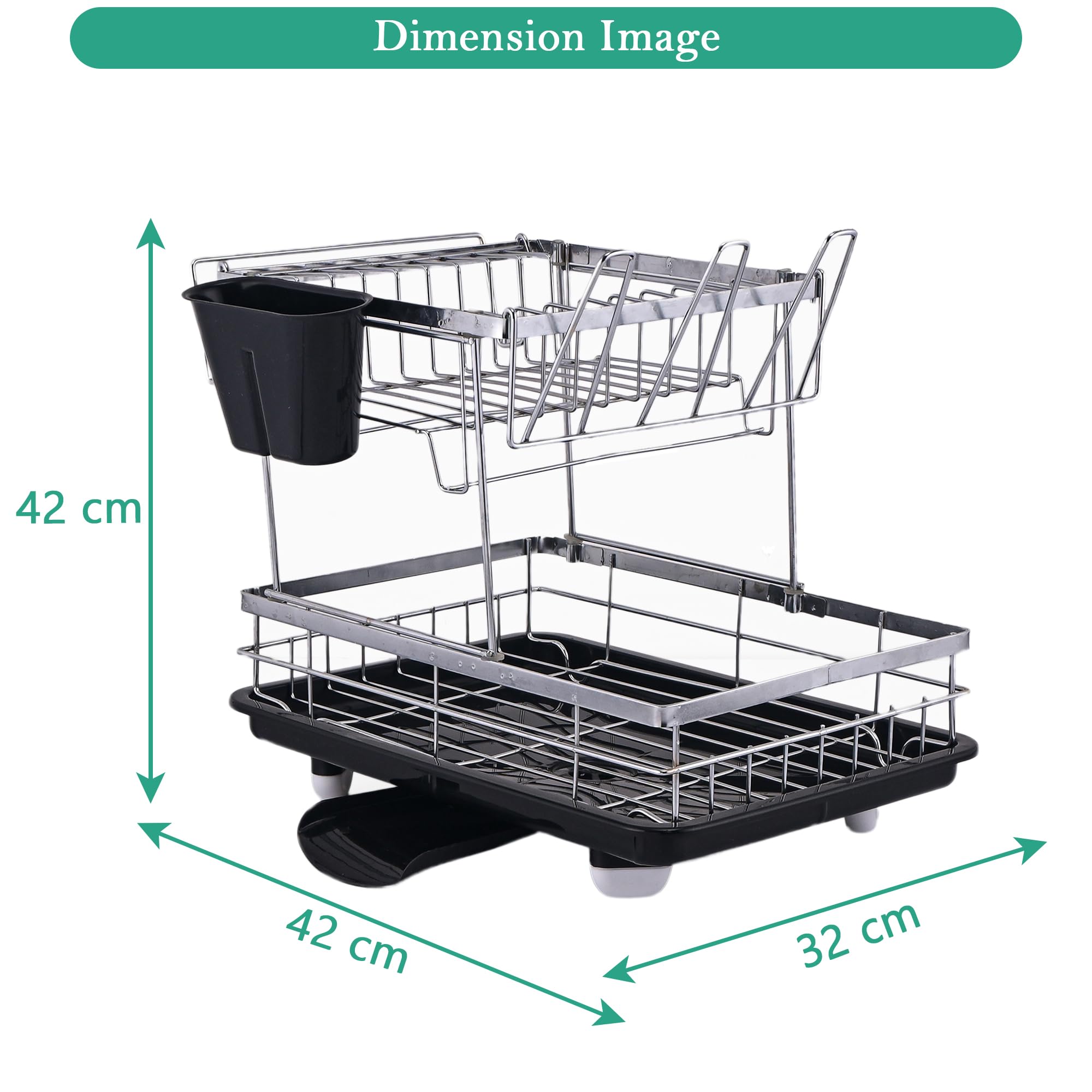 Kuber Industries Stainless Steel 2-Tier Kitchen Dish Drainer Rack with Removable Drain Board | Dishwash Organizer | Utensils Drying Rack with Drainer Tray | Vessel/Bartan Stand for Sink | Black - Image 3 thumbnail