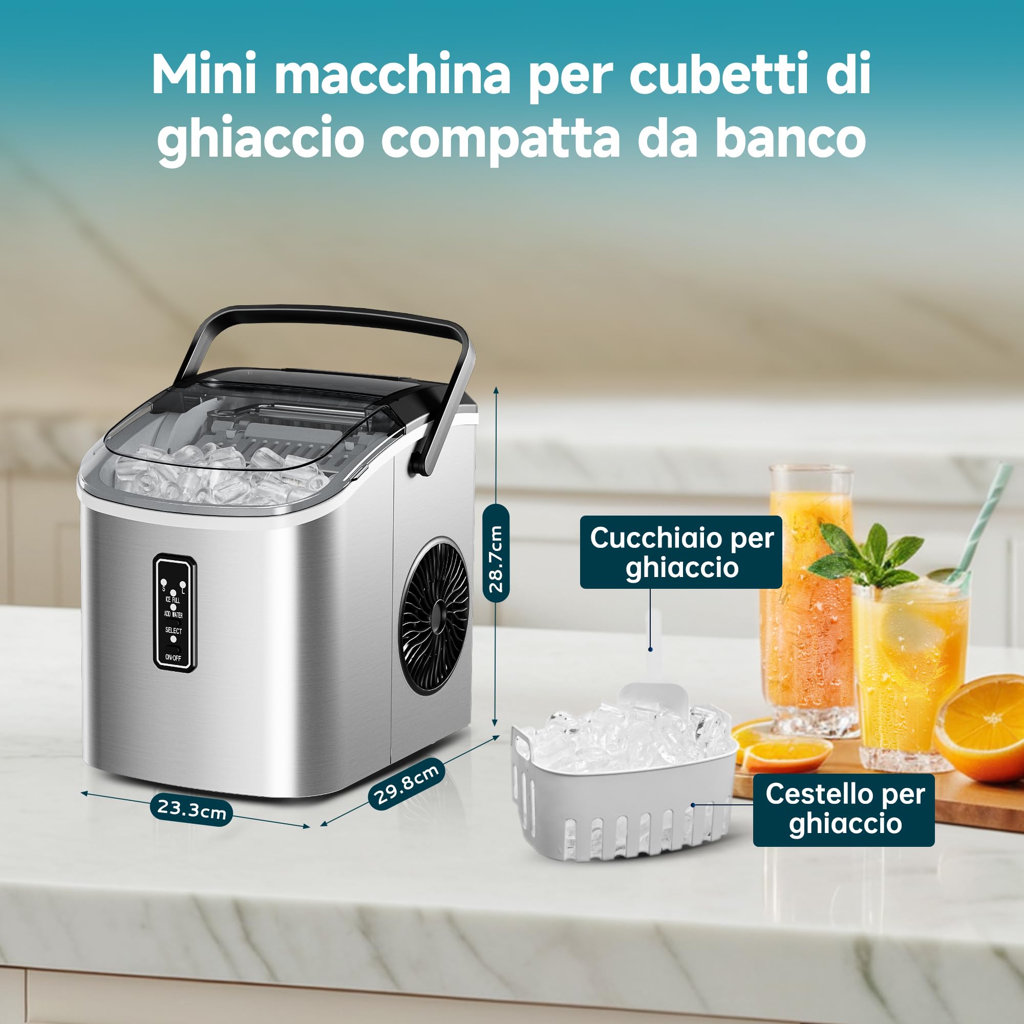 EUHOMY Macchina per il Ghiaccio: 9 Cubetti in 6 Minuti, Macchina Ghiaccio Casa Autopulente, 2 Dimensioni di Ghiaccio,12KG/24H Macchina del Ghiaccio con Maniglia/Paletta/Cestello, Acciaio Inossidabile