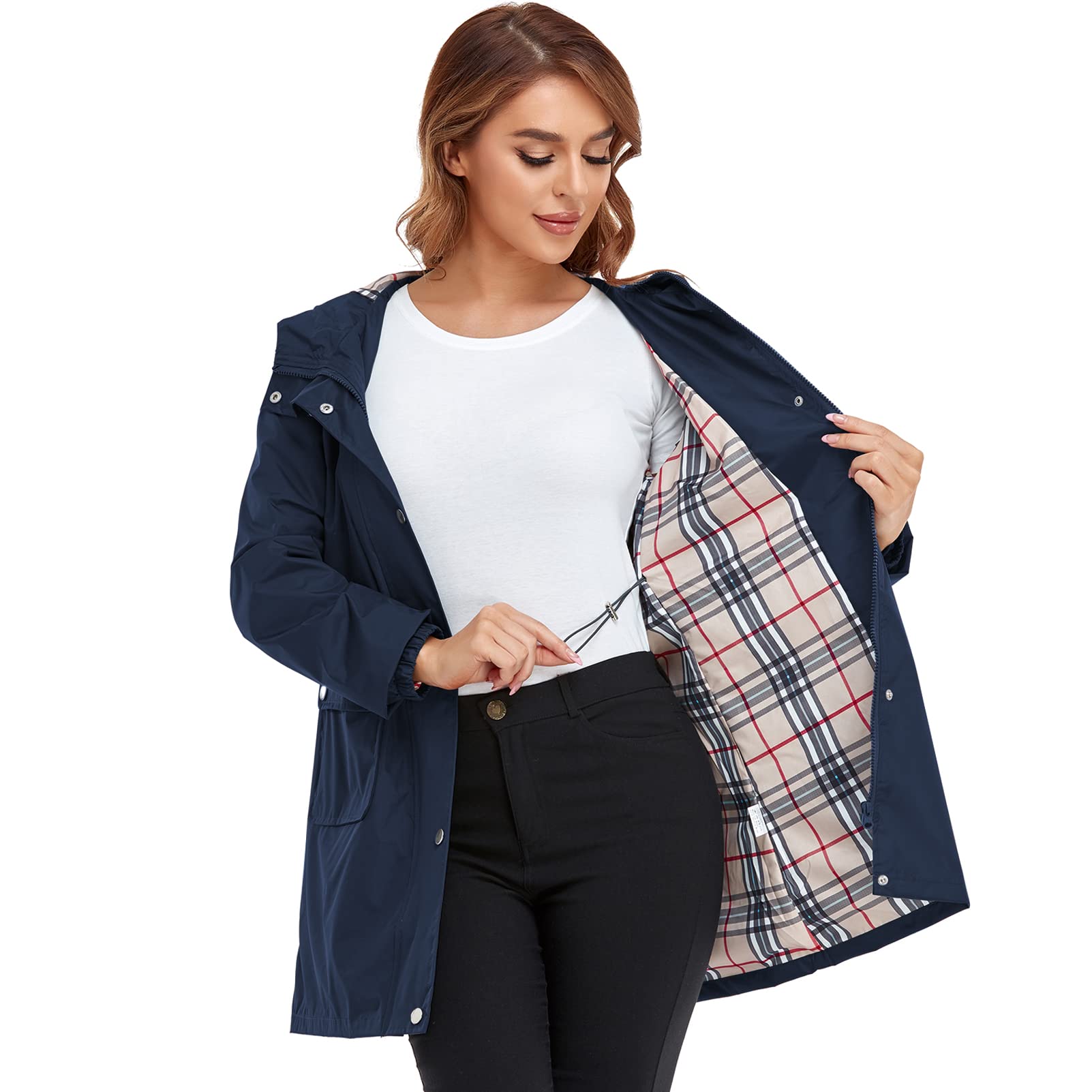 Abrigo de lluvia para mujer, impermeable, con capucha, ligero, chaqueta de lluvia para mujer al aire libre, trinchera, cortavientos largos, Azul / Patchwork, XXL