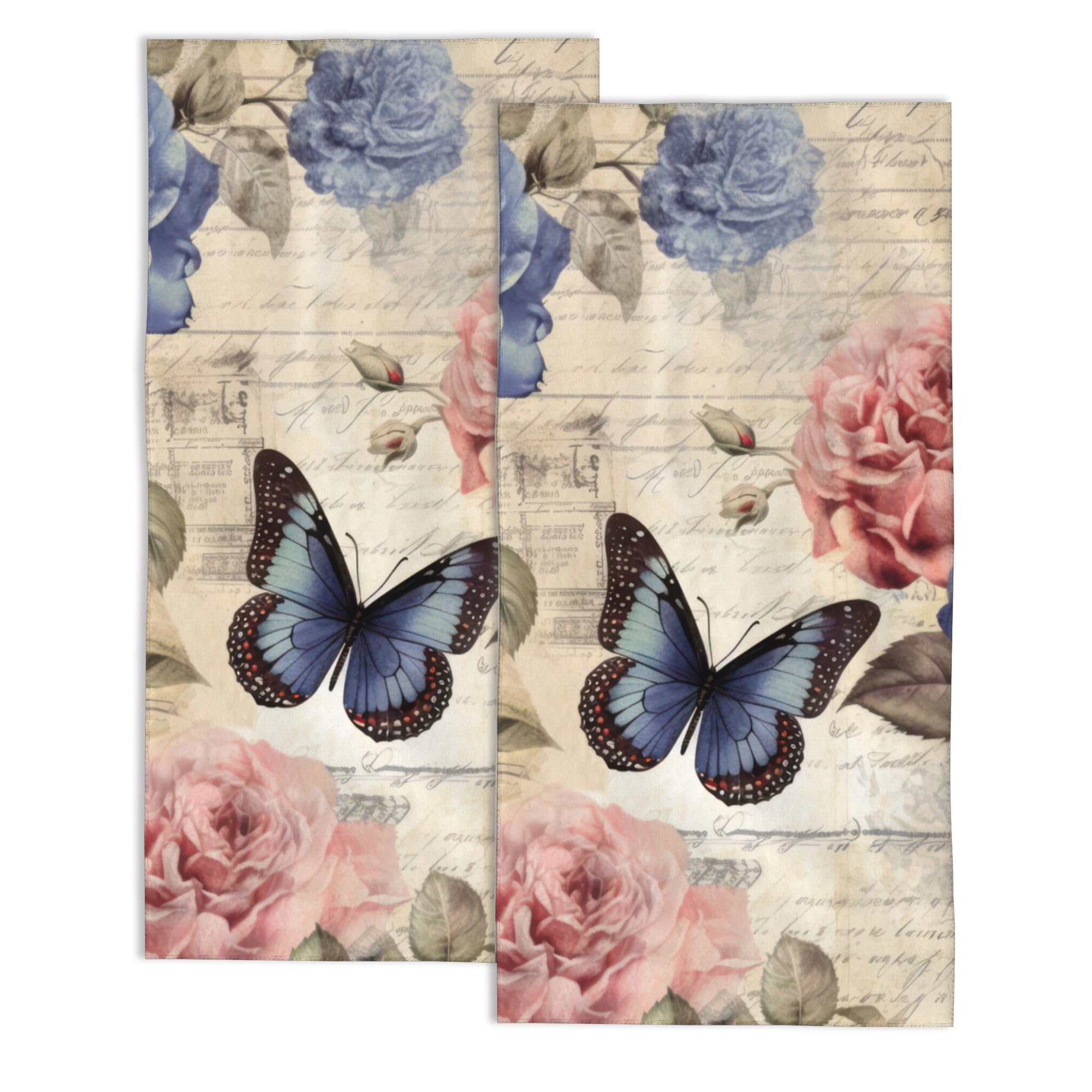 2 Pack Hand Towels for Bath, Rose Flower with Butterfly Decorative Kitchen Towels Highly Absorbent Soft Towels for Bathroom Beach Spa Gym Face Towel