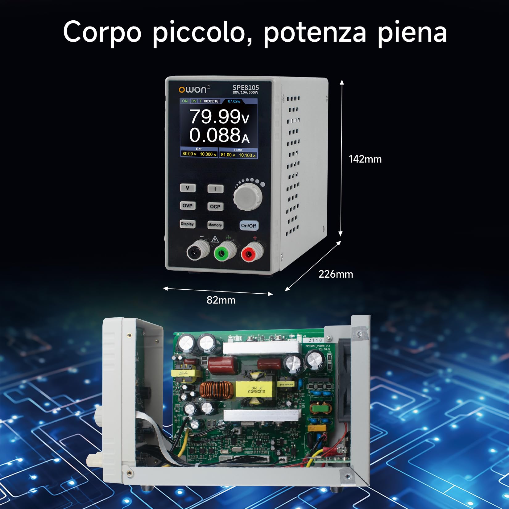OWON Alimentatore da laboratorio (0-80 V, 0-10 A), alimentatore DC programmabile con potenza di uscita max. 500 W, display LCD da 2,8 pollici e pulsante di attivazione/disattivazione uscita SPE8105