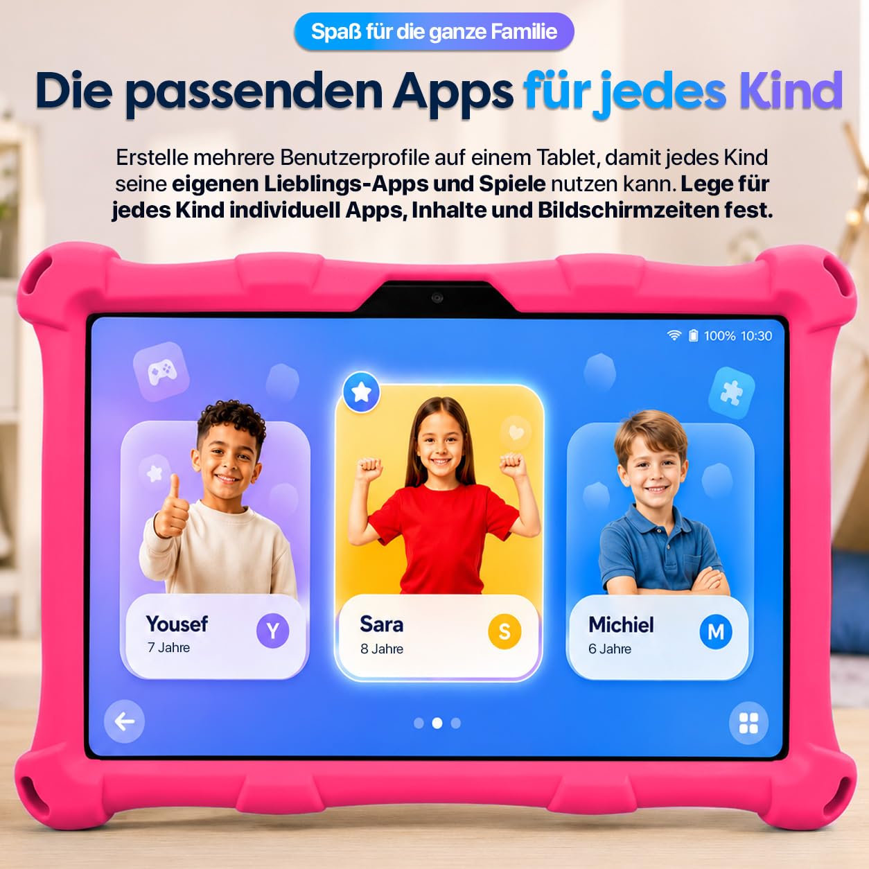 AngelTech Kindertablet XL Pro II – 10 Zoll HD 2025 – Android 16 Kinder Tablet mit Kindersicherung – 6GB RAM + 8GB virtuell, 128GB Speicher – Tablet für Kinder mit Schutzhülle – Rosa