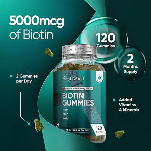 Miniatura 3 de WeightWorld Gomitas de biotina para el cabello, piel y uñas, 120 unidades, gomitas de biotina de 5000 mcg con 13 micronutrientes esenciales, biotina