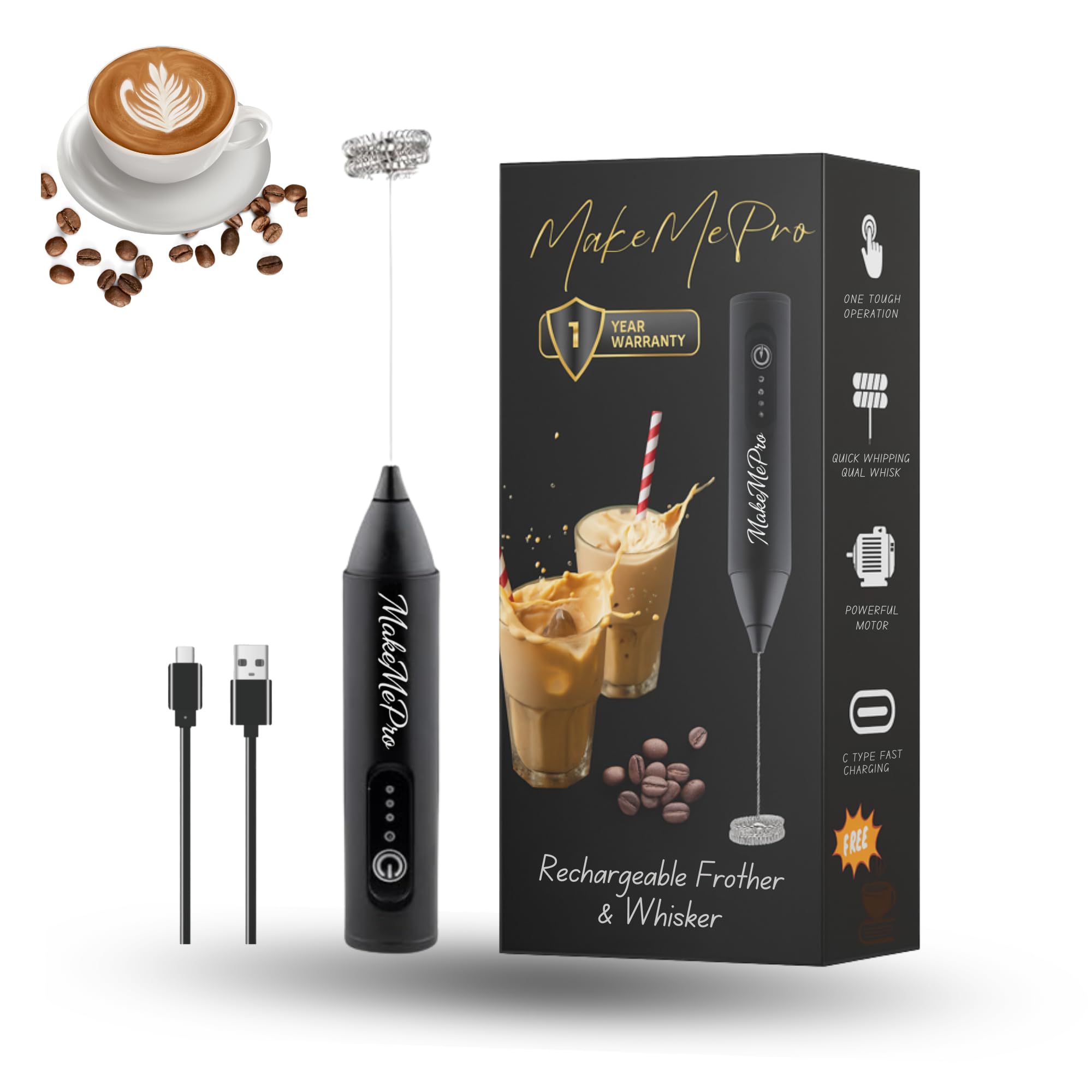 MakeMePro Electric Coffee Frother with Dual Whisk | C Type Rechargeable Handheld Milk Frother & Egg Whisker|3‑Speed Coffee Blender| Coffee Maker Machine|1 Year Warranty|Free Frothy Recipe E-Book,Black