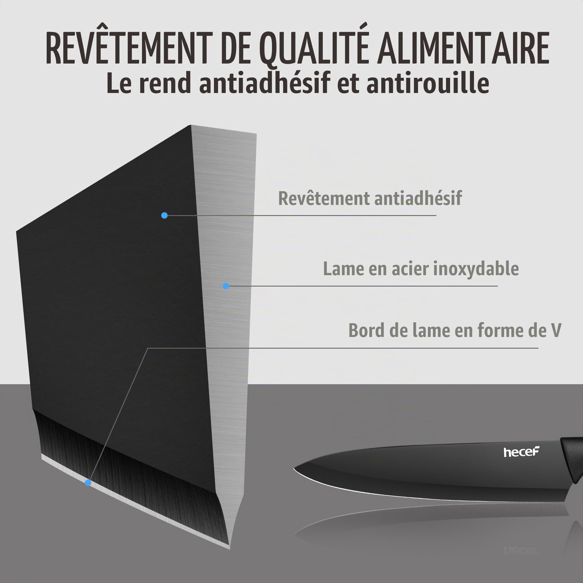 hecef Set de Couteaux de Cuisine 14 Pièces, Bloc Aiguiseur Intégré, Noir | Acier inoxydable, revêtement antiadhésif, manches ergonomiques, gain de place, idéal pour équiper une première cuisine