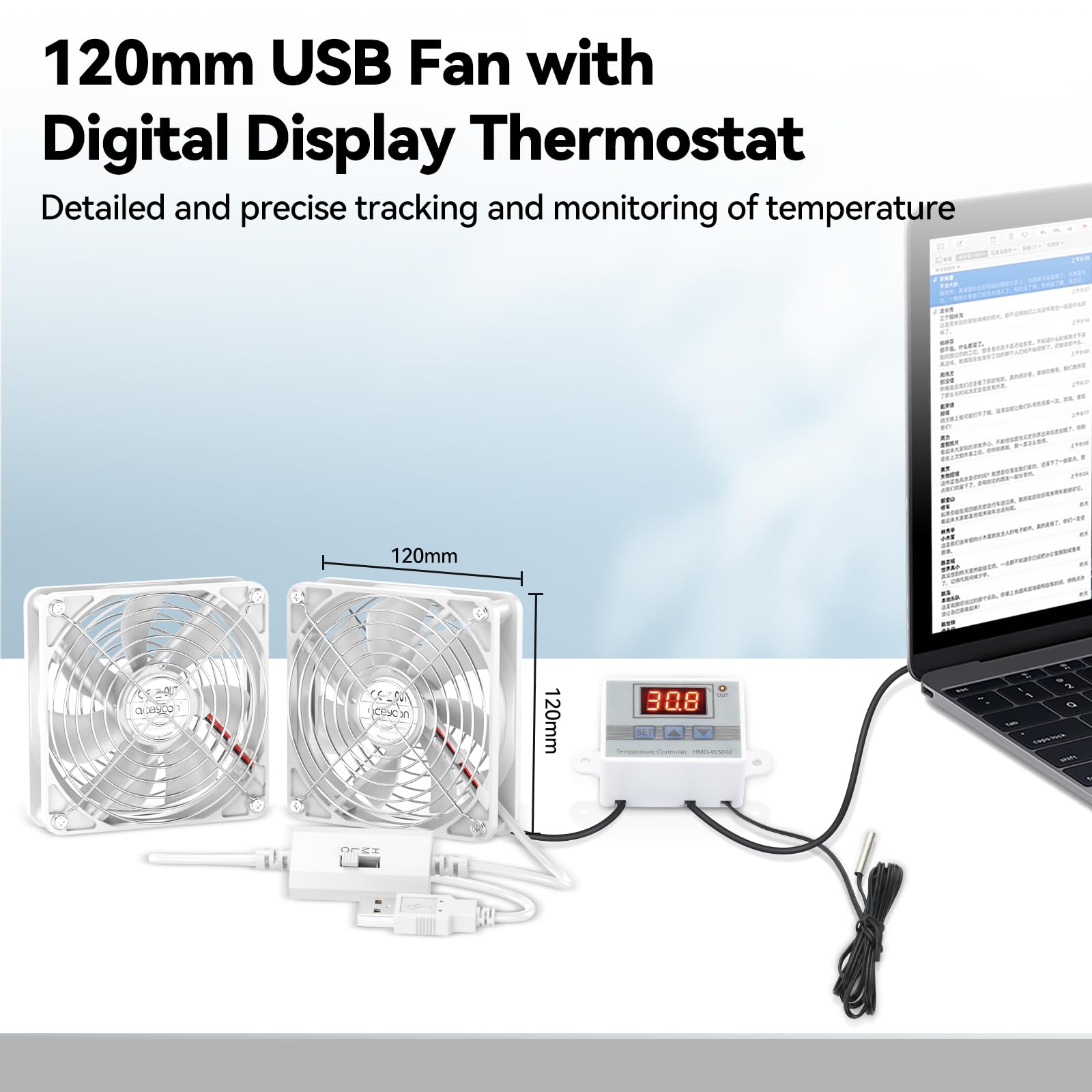 aceyoon Double ventilateur USB 120 mm avec contrôleur de température