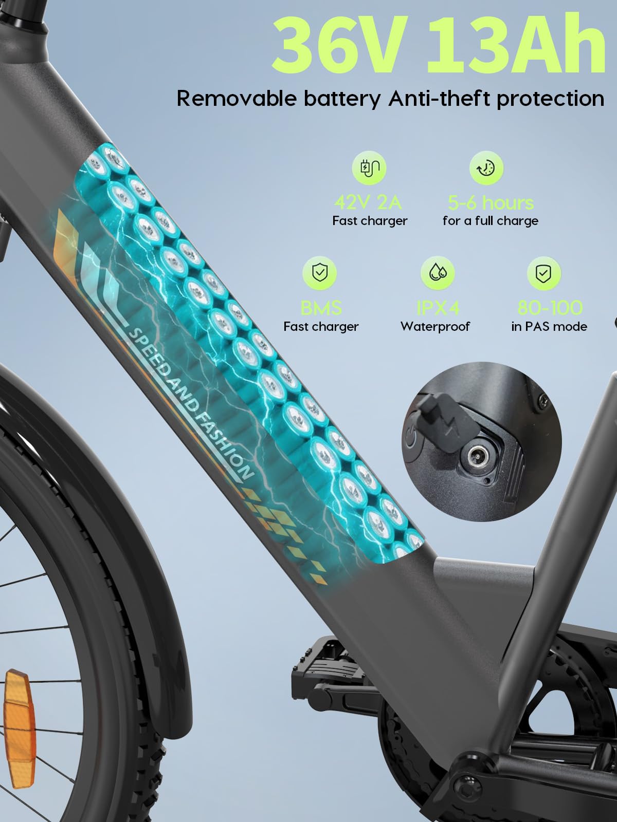 26" Elektrofahrrad, 250-W-Motor, herausnehmbarer 36-V-13-Ah-Akku, bis zu 100 km Reichweite, 7 Gänge, 25 km/h Unterstützung, Unisex-E-Bike, City-Elektrofahrrad (Grau)
