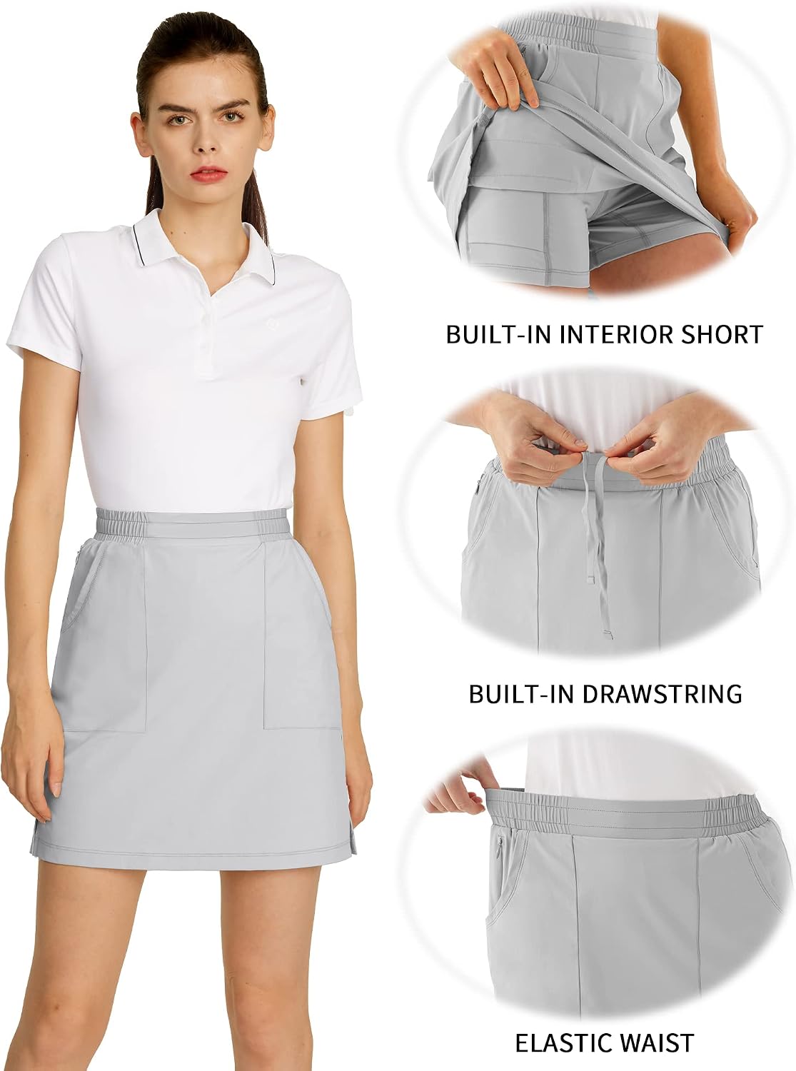 CQC Women's Active Golf Skorts Inner Shorts UPF 50+ with 6 Porkets Quick Dry Lightweight Skirts for Workout Sports Light Grey XL