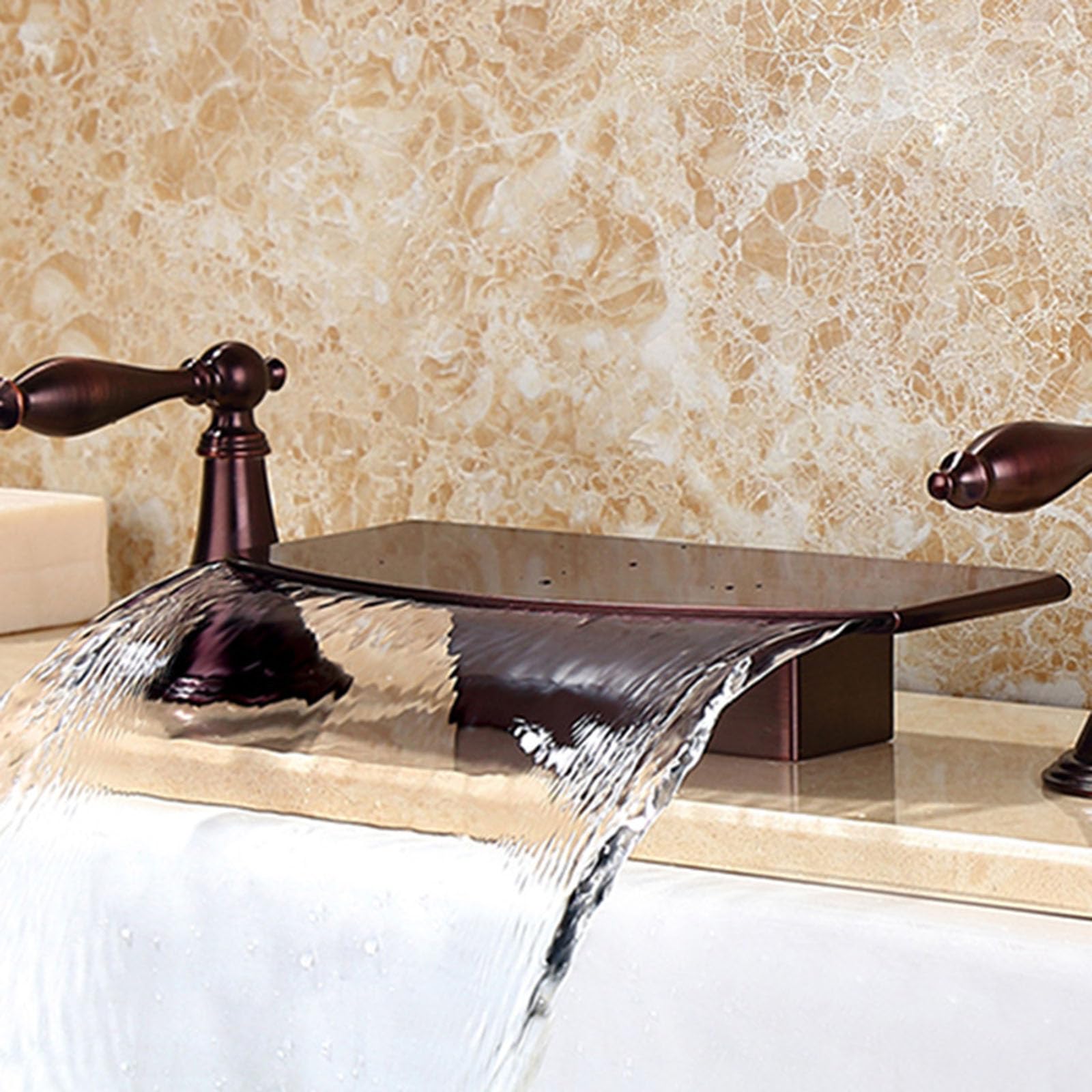 Mitigeur de lavabo cascade 3 trous marron pour éliminer les éclaboussures des grands bacs