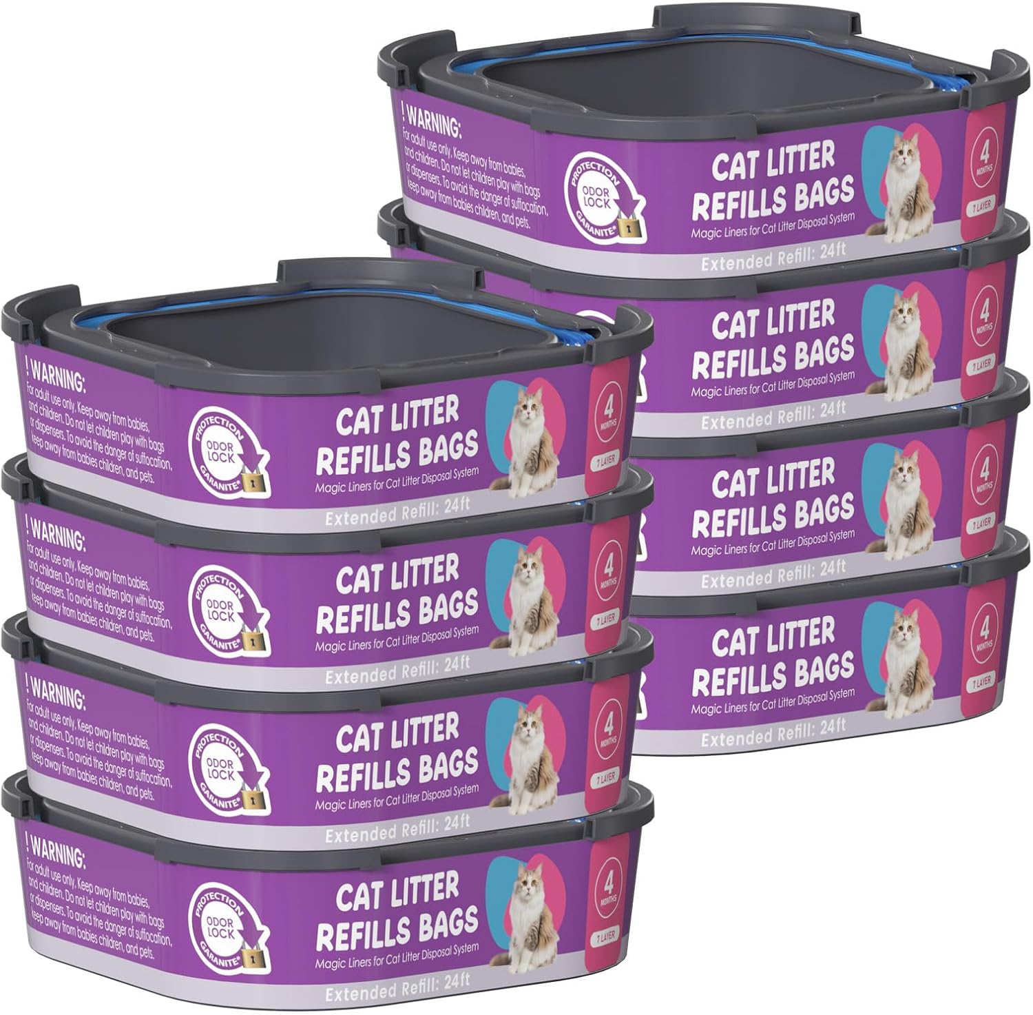 Cat Litter Refill Bags Cartridge, Compatible with Litter Cat Genie Standard, Plus, XL, XL+ Pail Refills, 7-Layer Odor Control Pet Waste Bags 8 Pack