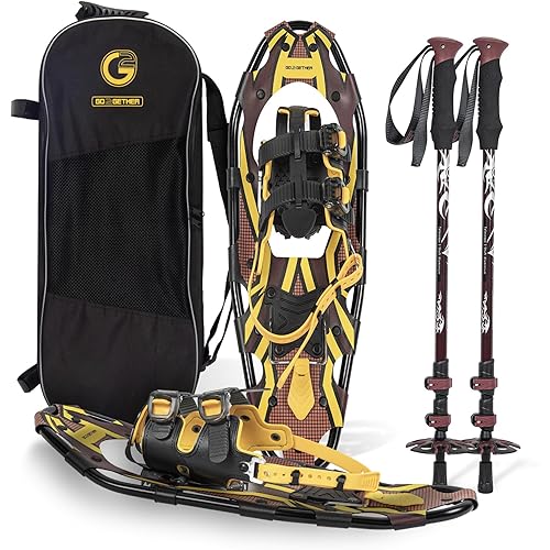 G2 21 Inches Yellow orange Light Weight Snowshoes for Women Men Youth, Set with Trekking Poles, Tote Bag, Special EVA Padded Ratchet Binding, Heel Lift, Toe Box