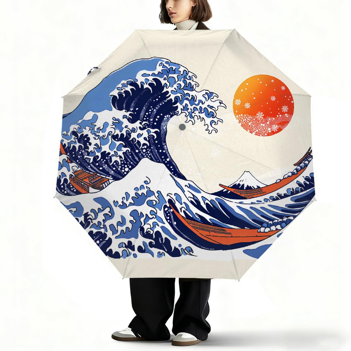 Ombrello pieghevole tradizionale giapponese con onde solari, compatto, antivento, impermeabile, con protezione UV, rivestimento nero, leggero, 8 costine, portatile, per pioggia e sole