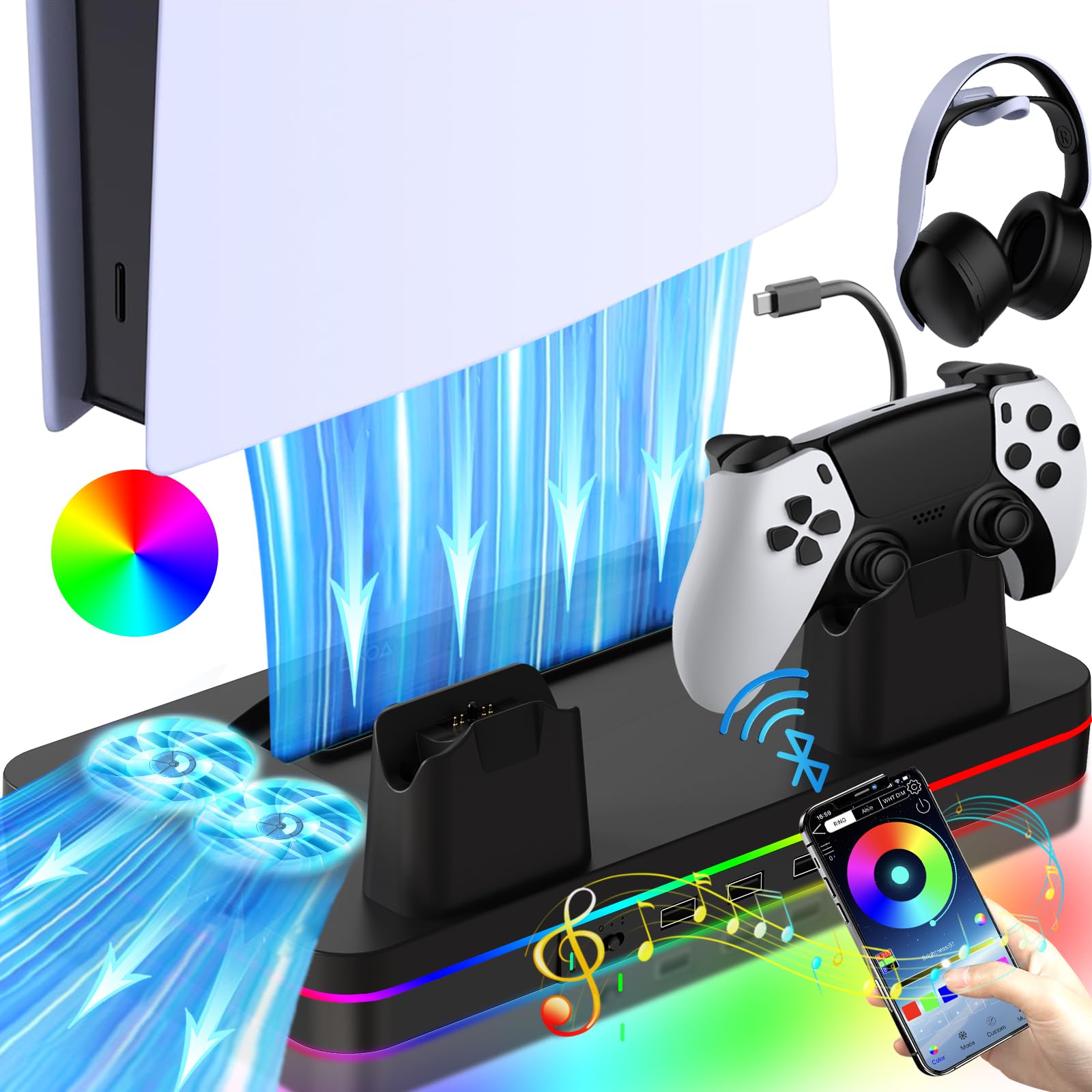 WAYCOM PS5 Slim Stand with Cooling Station and 2H Fast Controller Charging Station RGB Light for PS5 Slim Console Disc/Digital, Double Cooling Fan, RGB Light, Headset Holder, 3 USB Hubs for PS5 Slim