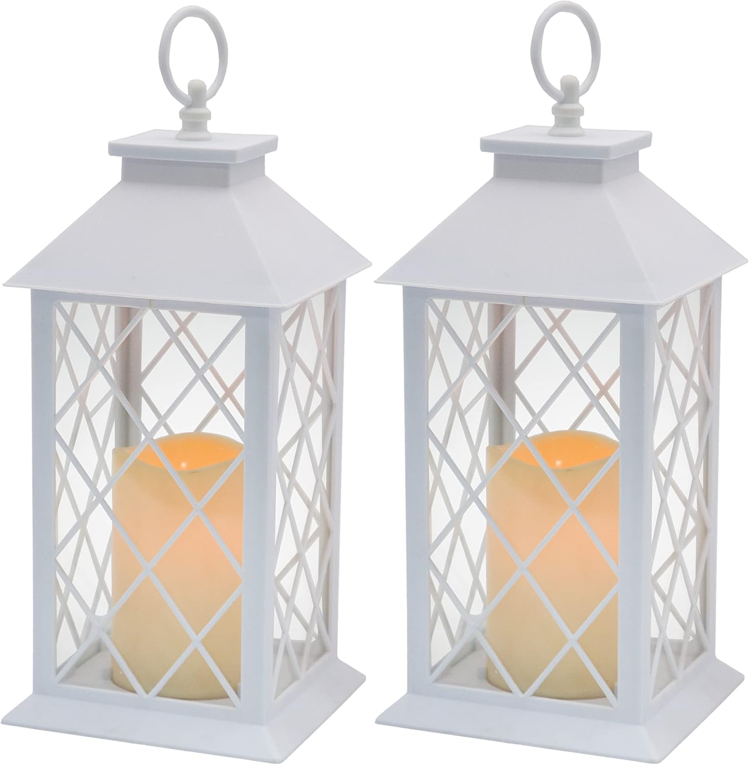 YAKii Decorative Candle Lantern with LED Flameless Candle and Timer, Plastic LED Candle & Holder, Indoor & Outdoor Hanging Lights Decorations Lantern (White 2PCS)