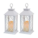 Decorative Candle Lantern with LED Flameless Candle and Timer, Plastic LED Candle & Holder, Indoor & Outdoor Hanging Lights Decorations Lantern (White 2PCS)