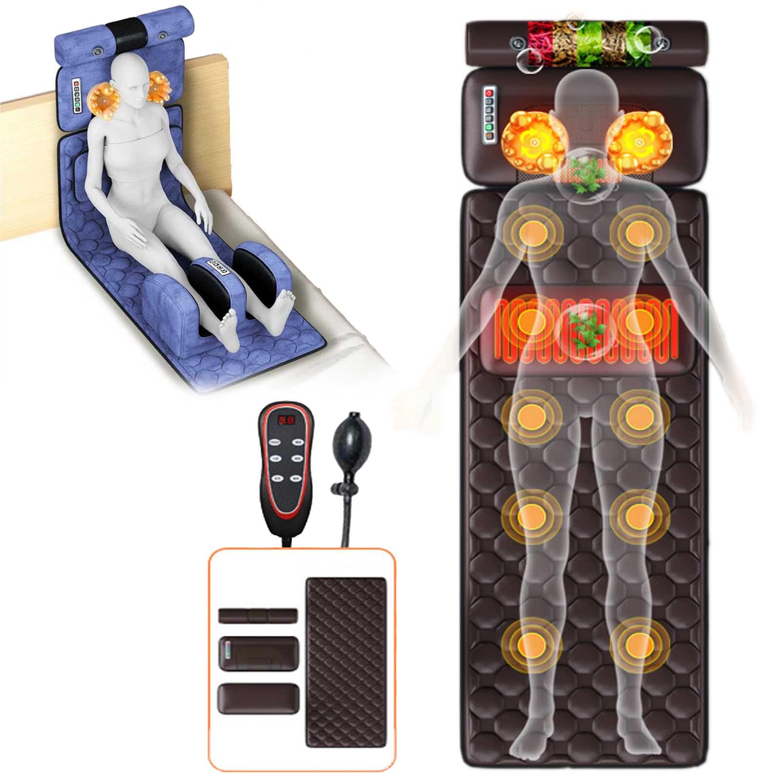 Tappetino per massaggio completo del corpo con calore, 20 testine per massaggio Shiatsu per il collo, tappetino per massaggio vibrante per collo, schiena, spalle, lombari, gambe, rilassamento mus