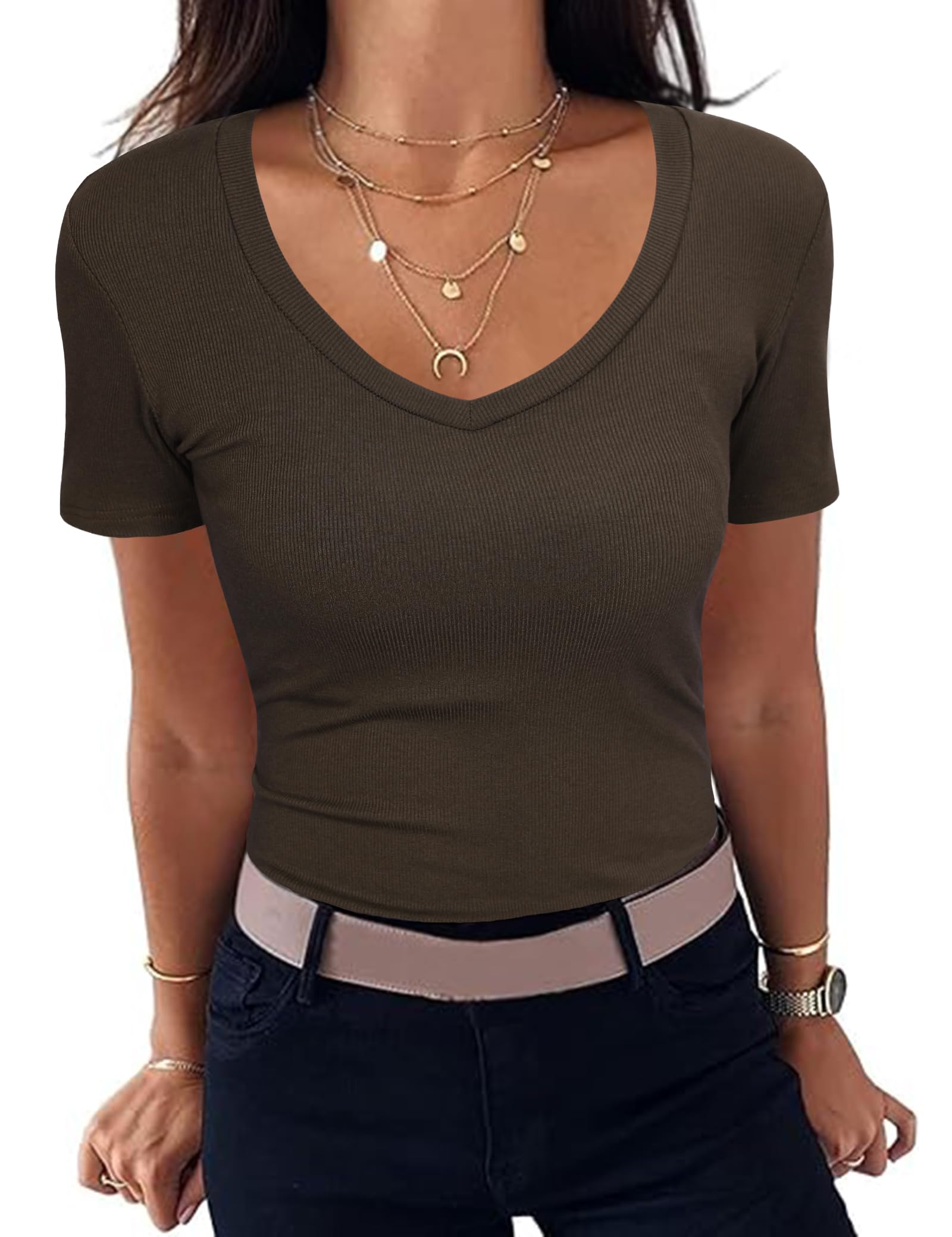Aottori Damen T-Shirt V-Ausschnitt Elegant Oberteile Kurzarm Gerippt Basic Tee Shirts Slim Fit Tshirt Stretch Casual Sommer Tops