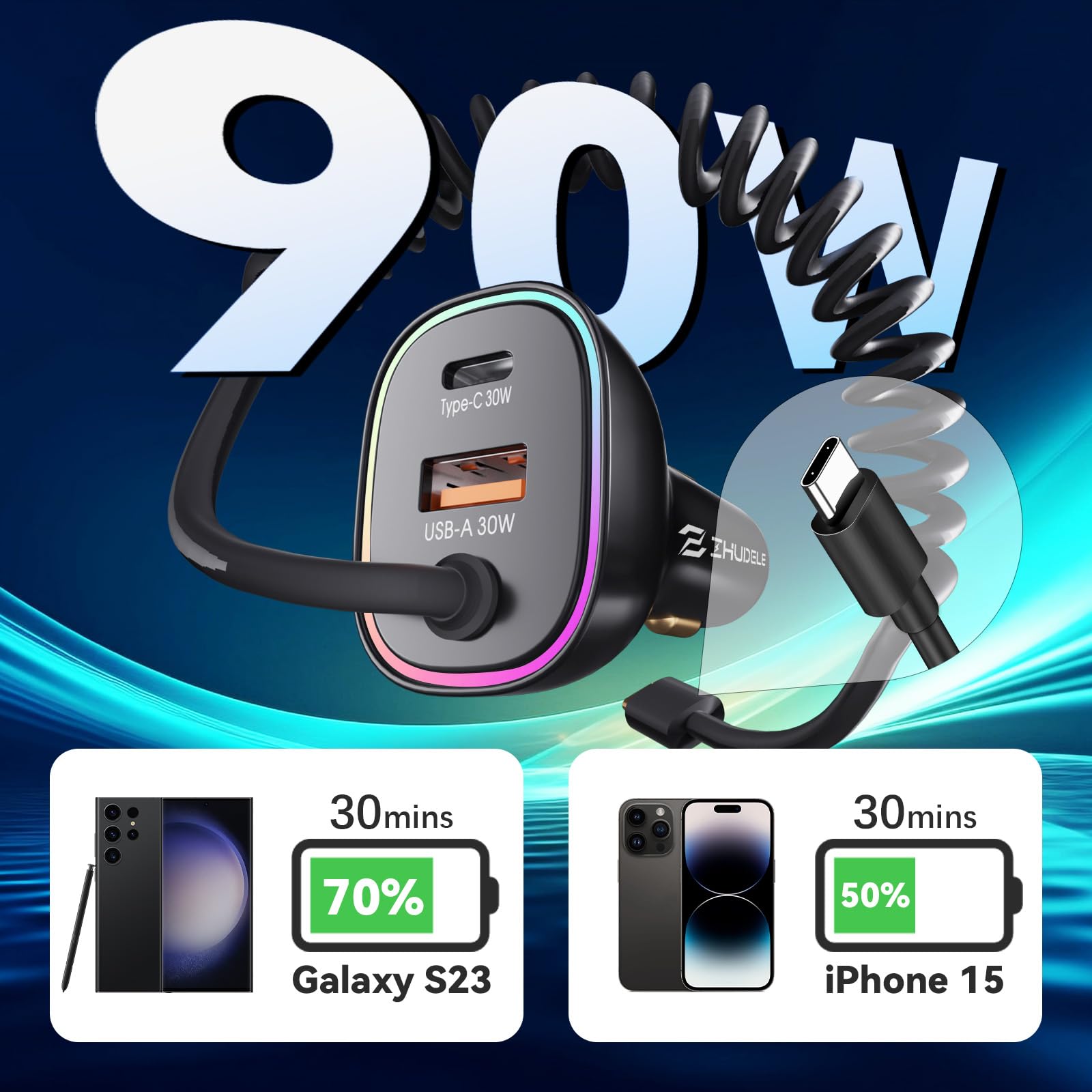 Ładowarka samochodowa USB C 90 W do iPhone 16 Pro, PD & QC3.0 typu C 1,2 m kabel spiralny 1,2 m, szybka ładowarka samochodowa do iPhone 15 Pro Max Plus, do Samsung Galaxy S24/S23/S22