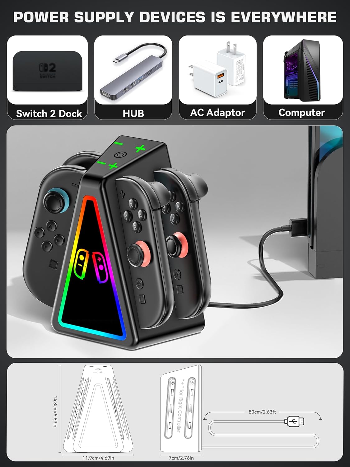 Switch 2 Controller Charging Dock for 2025 Nintendo Switch 2 JoyCon, Ergonomics & Magnetic Charger Station for Switch Joycon 2 Controllers, Fast Charger Stand with RGB Lighting for Joy-Con Accessories - Image 6