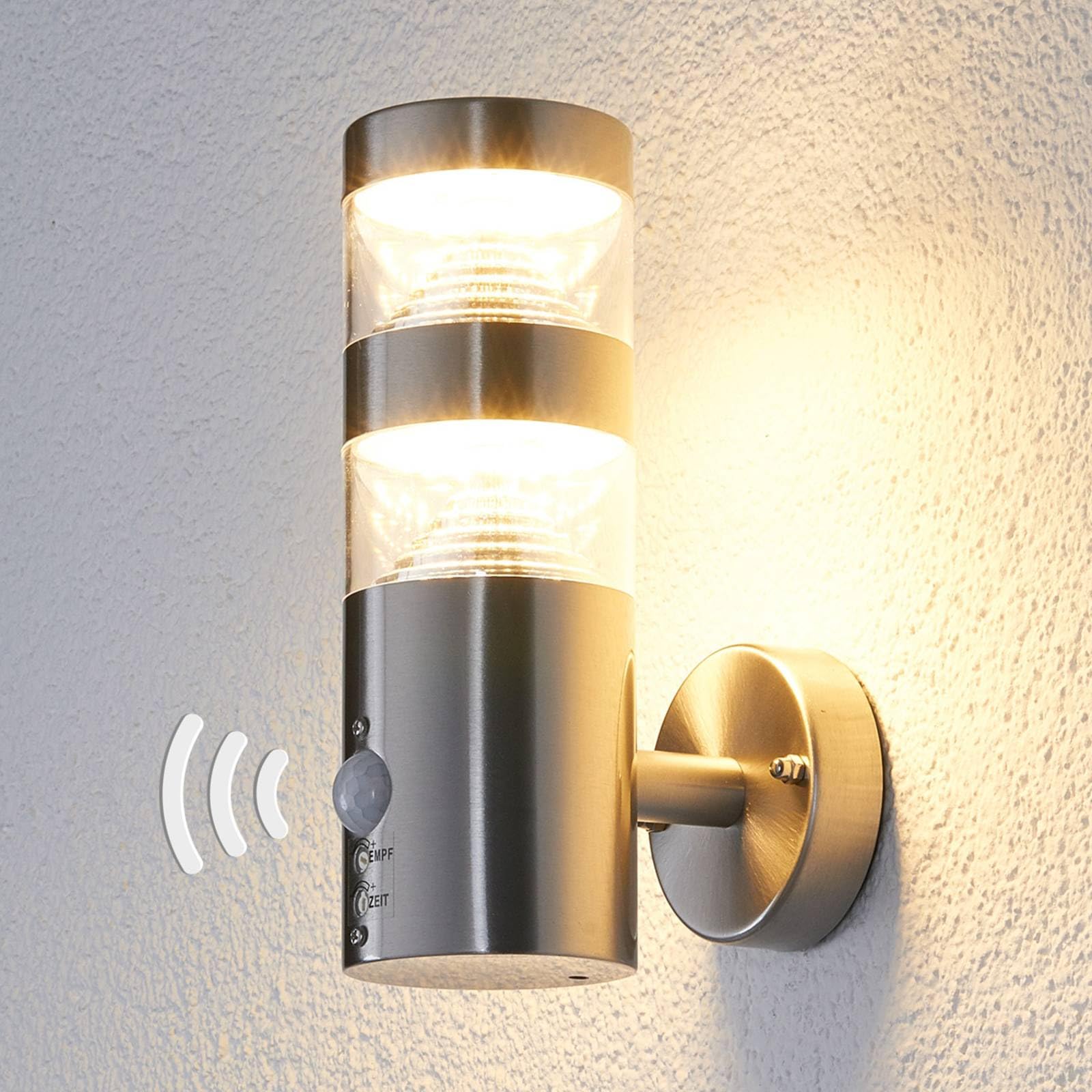 Lindby Edelstahl LED Wandlampe aussen mit Bewegungsmelder, Aussenwandleuchte spritzwassergeschützt IP44 1x 8,1W warmweiß (3.000K)