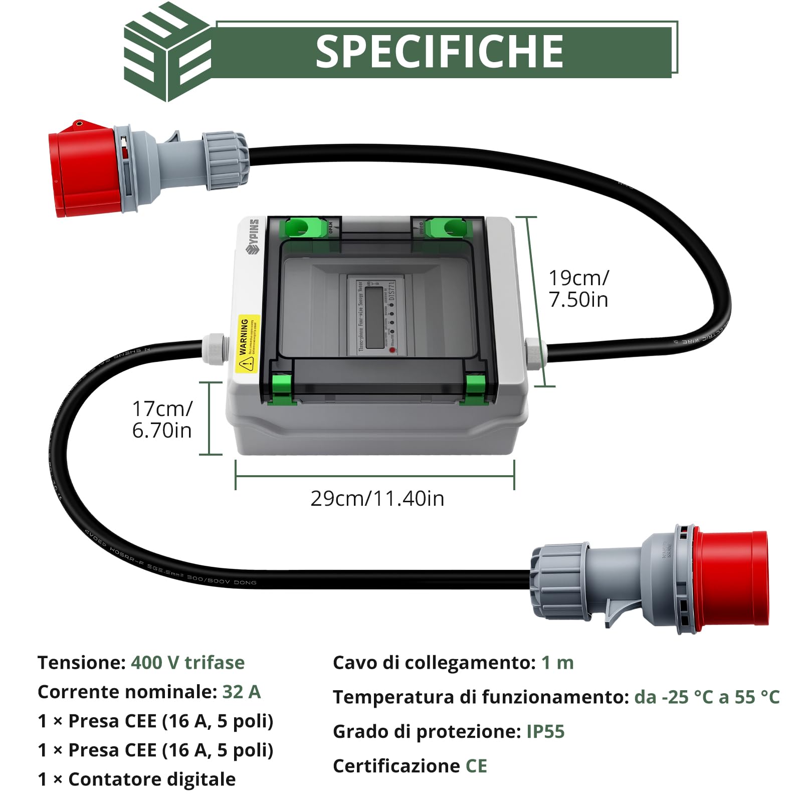EYPINS Cyfrowy licznik prądu CEE gniazdko 16 A 400 V, IP55 licznik prądu trójfazowego z funkcją resetowania, miernik kosztów energii z wtyczką CEE 16 A i sprzęgłem (2 m) do przyczep kempingowych