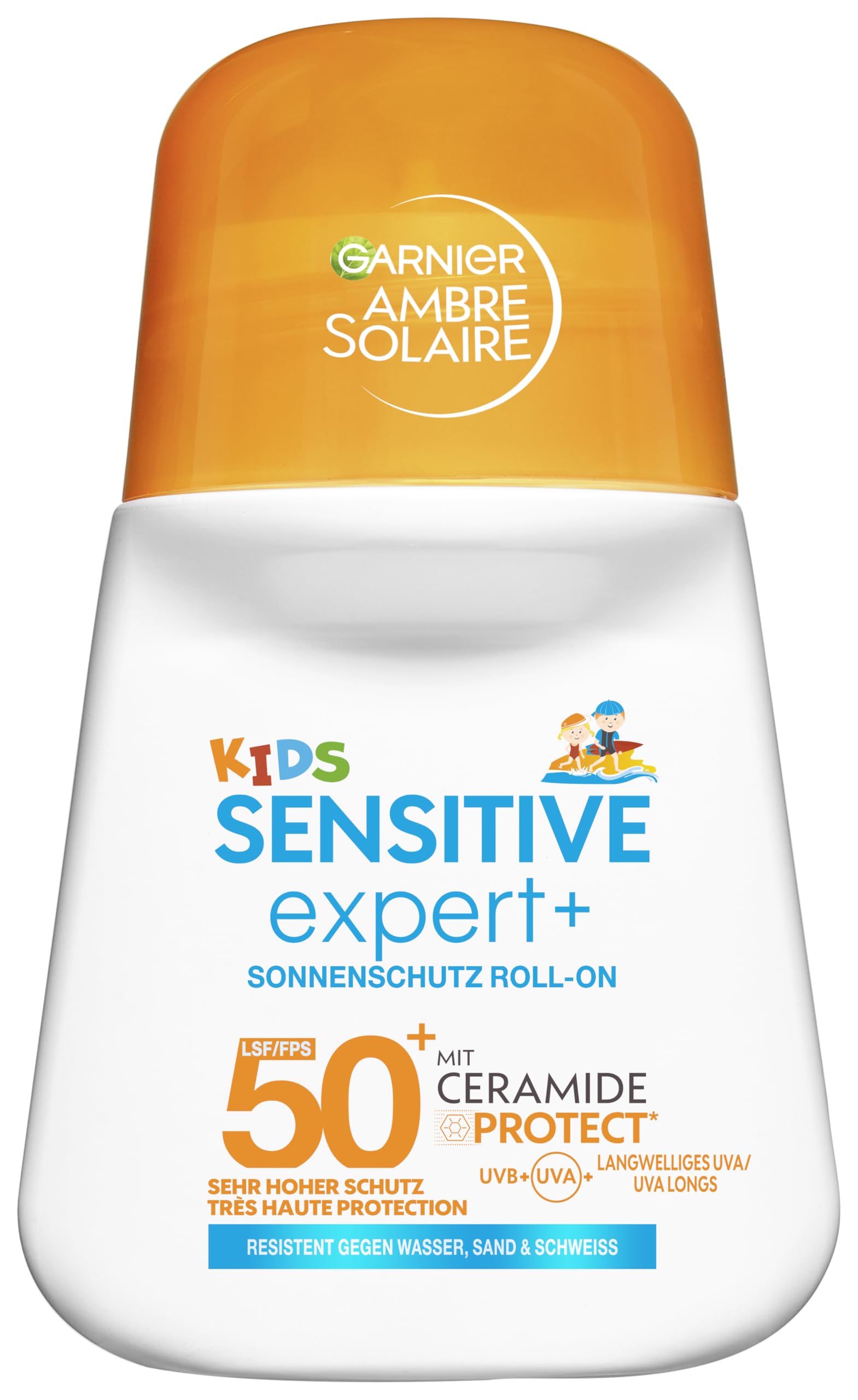 Garnier Ambre Solaire Kids Sensitive expert+ Sonnenschutz Roll-On LSF 50+ – Sonnencreme für Kinder & Babys – Wasserfest, sandresistent & mit Ceramide-Protect – Handliches Taschenformat – 50ml