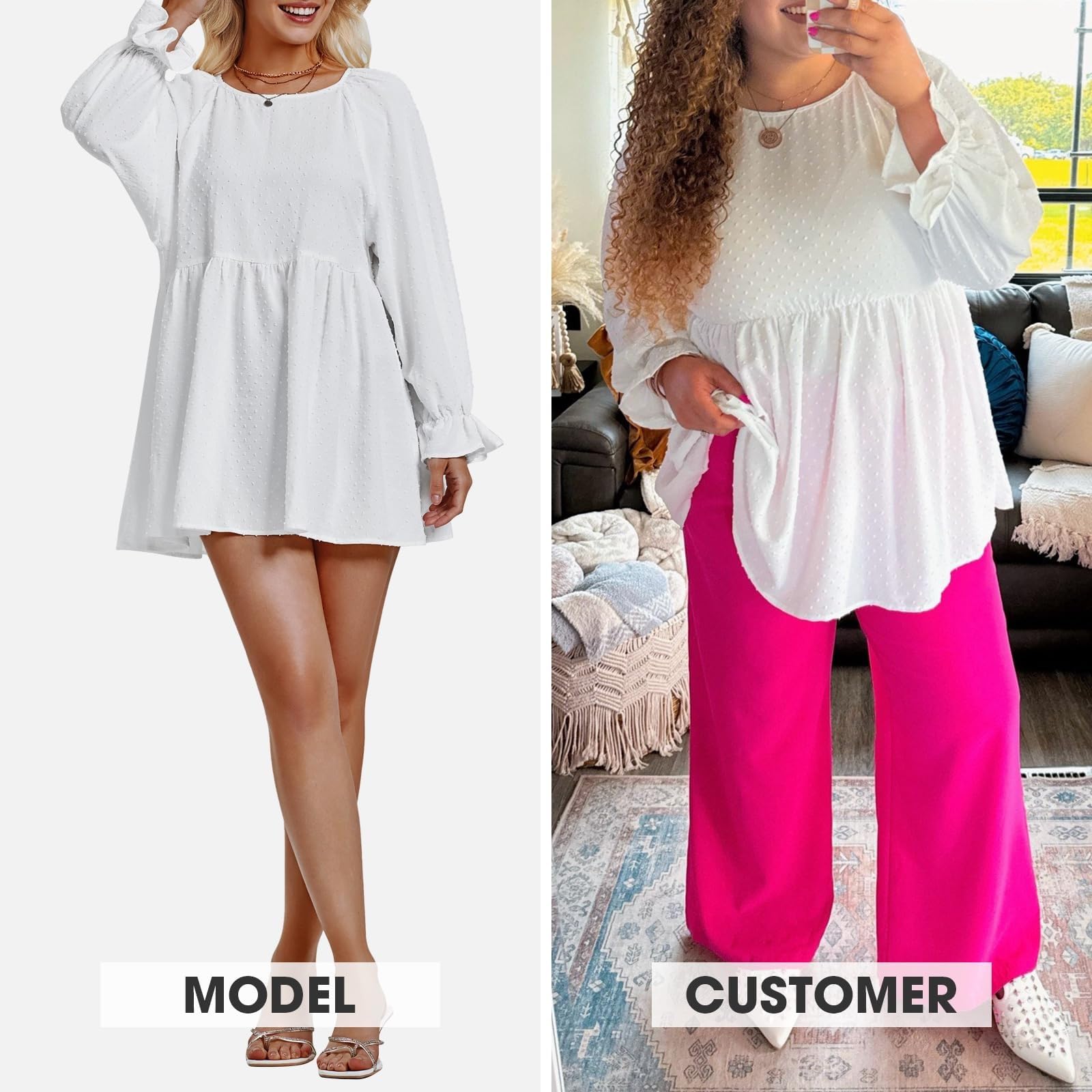 Damskie bluzki z długim rękawem szwajcarska kropka Babydoll luźny krój topy ciążowe jesienne koszule-tuniki szykowne topy na co dzień(White,XL)