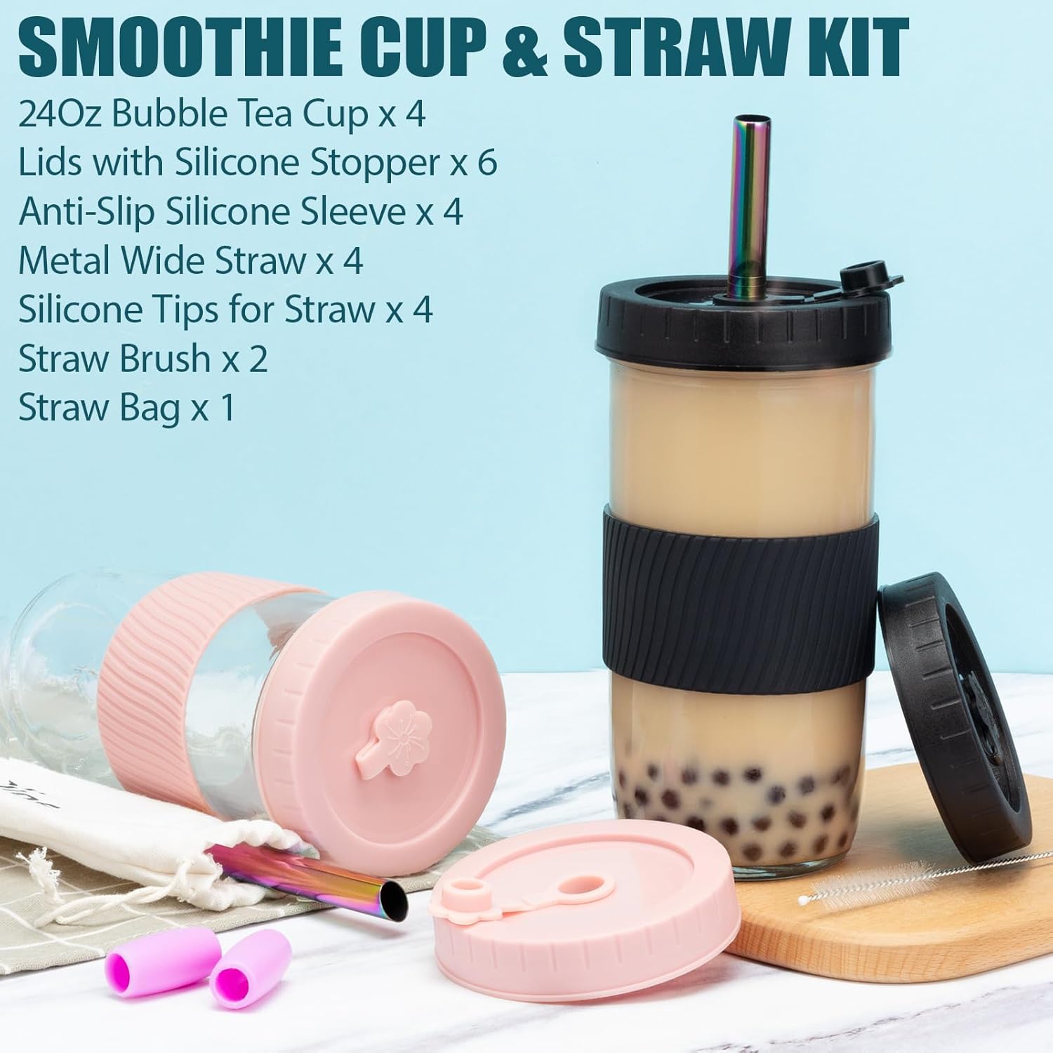 Reusable Glass Mason Jars Cups with Lids and Straws Silicone Sleeves, 4 Pack 24Oz Wide Mouth Smoothie Cups Glass Bubble Tea Cup, Leakproof drinking glasses Water Bottle Travel Tumbler for Large Pearl - Image 6