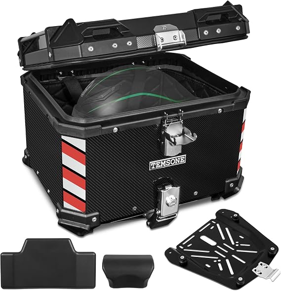 45L Carbon Style Universal Motorcycle Top Case | Waterproof Motorcycle Tail Box with Backrest & Back Cushion, Dual-key Storage Carrier Case, Aluminum Trunk Tour Tail Box