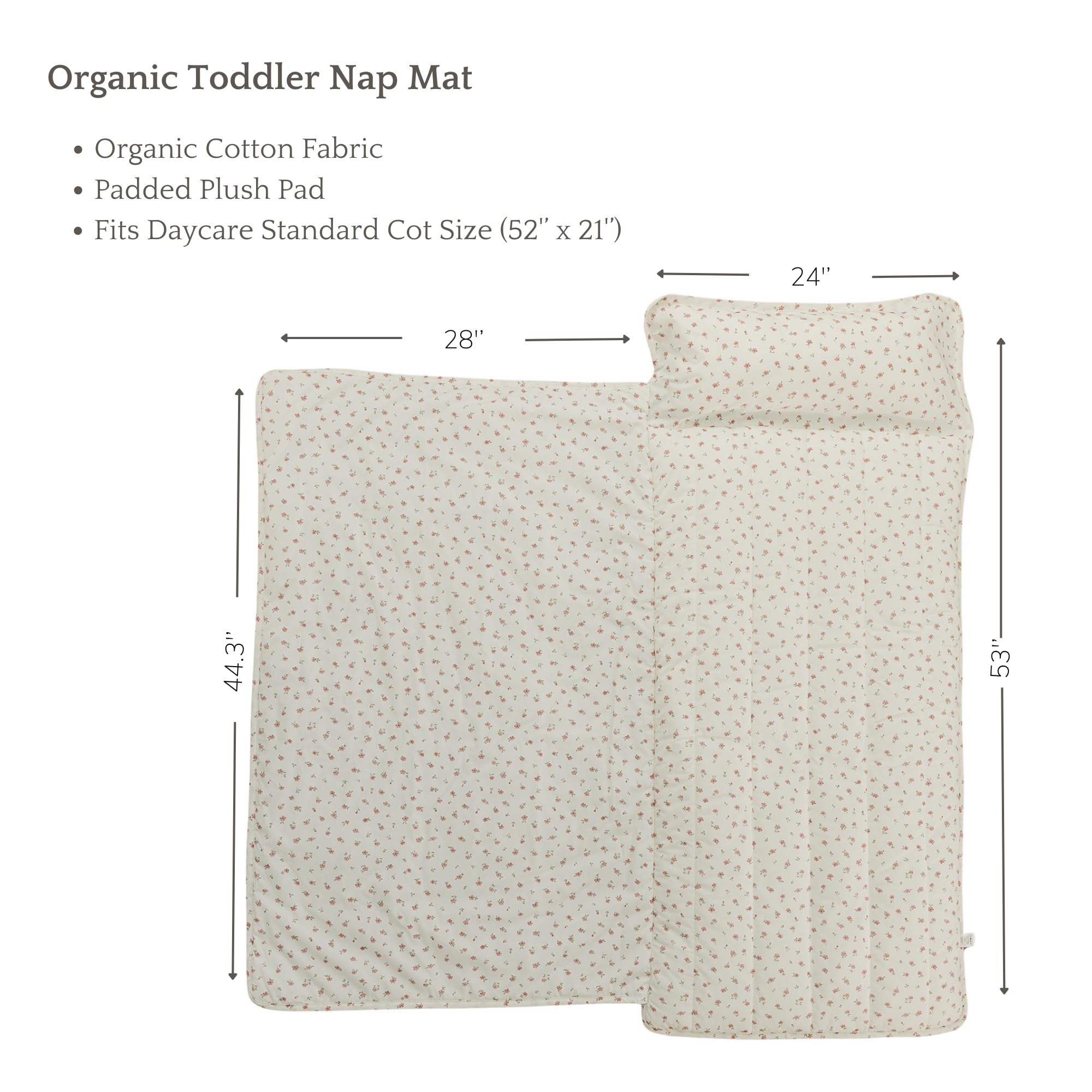 Organic Toddler Nap Mat - 100% Cotton Fabric Sleeping Mat - Sleeping Bag for Kids - Removable Pillow and Blanket – 1.5” Thick Pad - Ideal for Home, Daycare, Preschool & Sleepovers. (Pink Floral)
