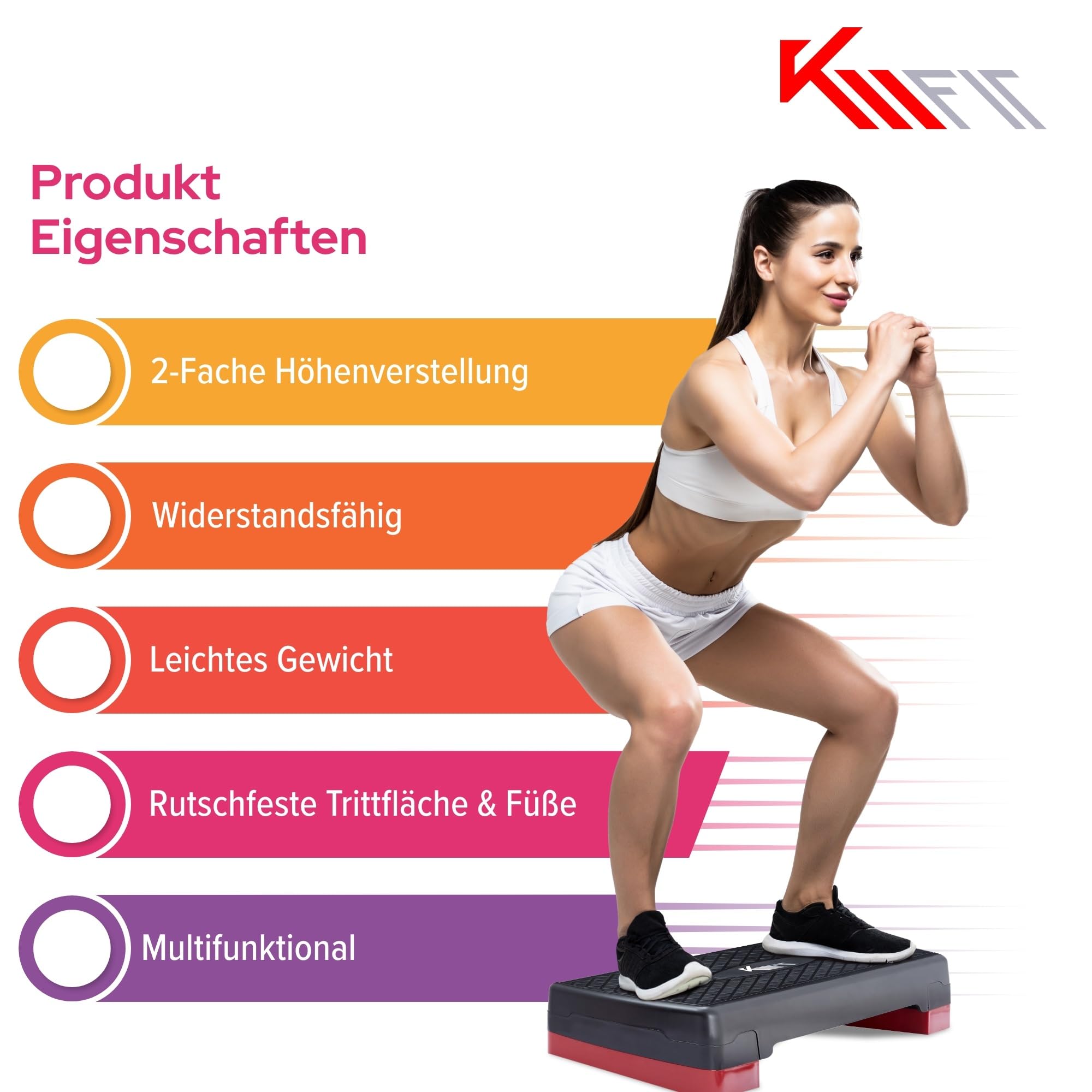 KM-Fit Fitness Stepper | Steppbrett Aerobic Stepper für zuhause | Step-Bench 2-fach höhenverstellbar | Belastbarkeit bis 200 kg | Gymnastik Home-Stepper mit Anti-Rutsch-Matte | Aerobic Steppbank