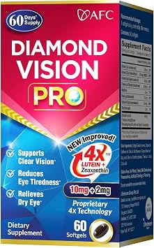 AFC Japan Diamond Vision PRO Improved, Up-Sized Formula - Lutein & Zeaxanthin 4X with Eye Vitamins Visual Health Supplement for Adults, Screen Exposure, Night Use, 60 Softgels