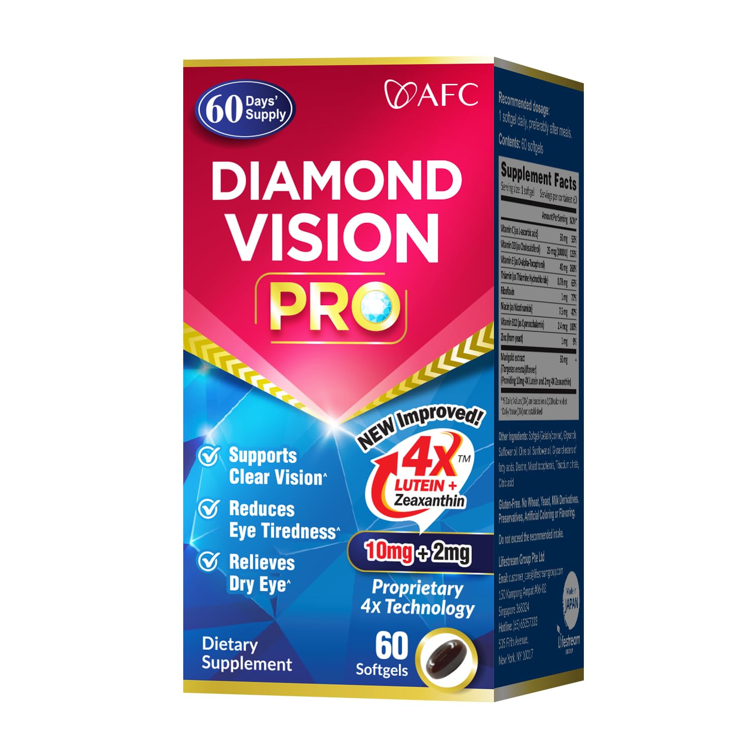 Japan Diamond Vision Pro 4X - Eye Formula with FloraGLO Lutein 4X, Zeaxanthin, Astaxanthin & Bilberry Extract
