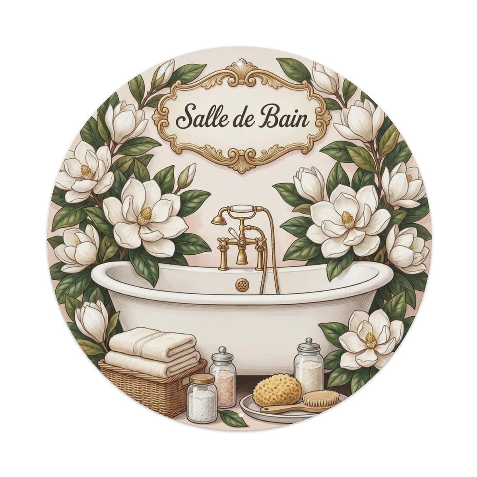 Tgrcjimh Style. Bathroom Magnolia Floral Round Metal Tin Sign