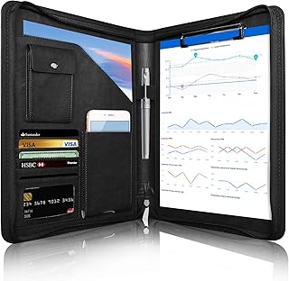NEWYES Conference Folder, Portfolio A4 Zipped Multifunctional Business Clipboard Folder Files Document Leather Organiser Cases with Pen Holder & Ring Binder, black