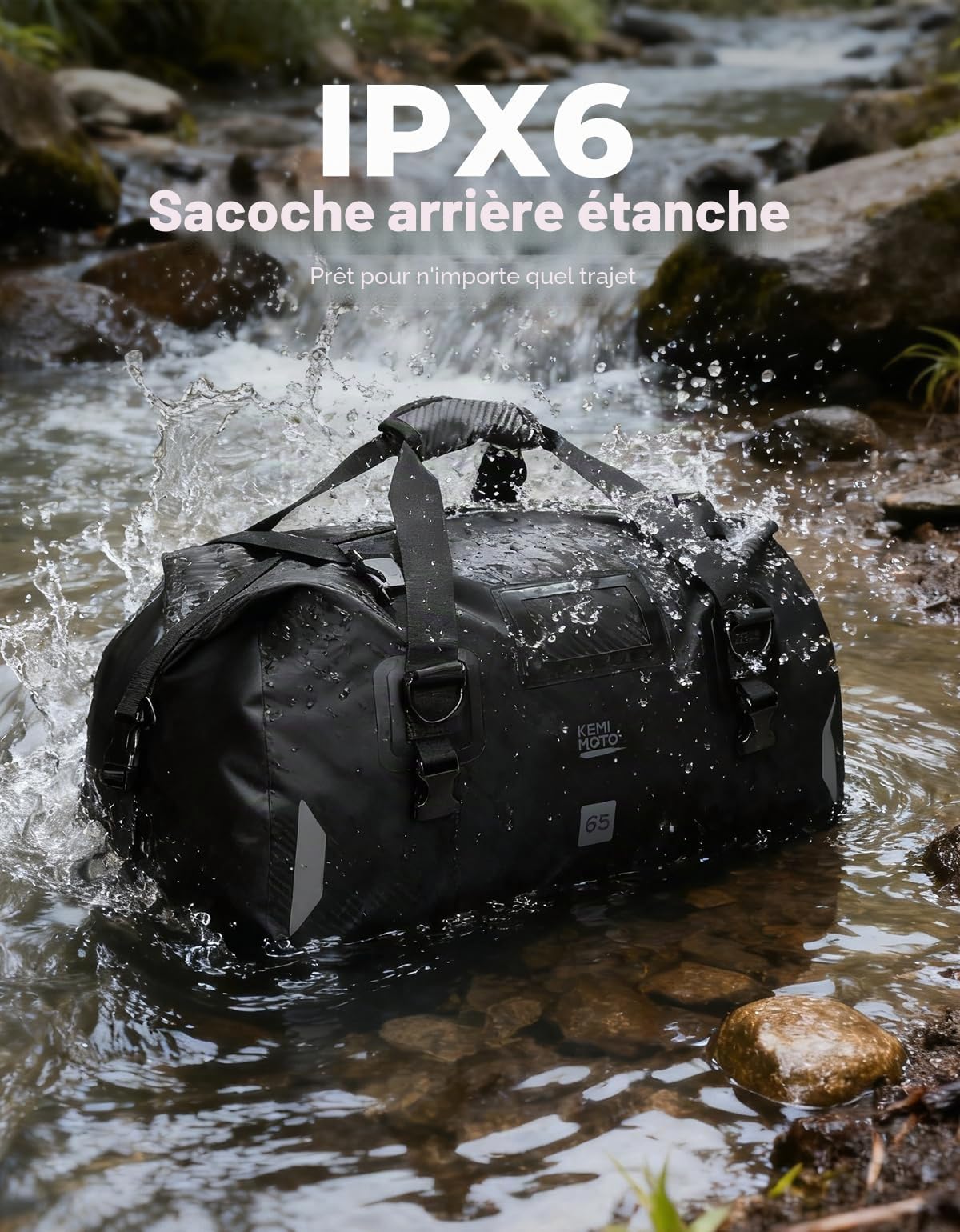 KEMIMOTO Sac Moto Étanche IPX6, 65L Sacoche Arrière Moto Grande Capacité avec Bandoulière Amovible, Sac de Voyage Réfléchissant avec 4 Sangles Rapides, Idéal pour Tourisme Camping Bateau, Noir