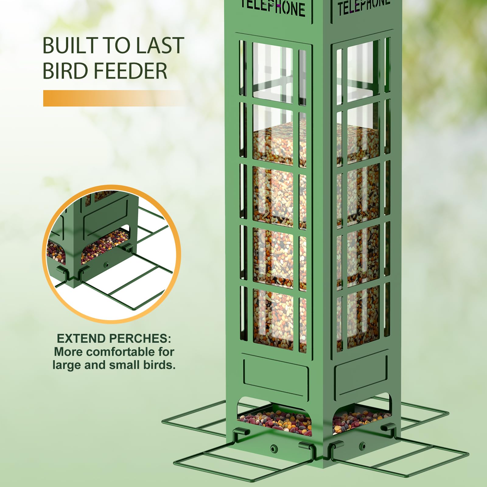 Eichhörnchensichere Vogelfutterstation mit gewichtsaktivierten Sitzstangen, Metall-Balkon-Vogelfutterspender zum Aufhängen im Freien, Netzfutter für Wildvögel, Samenfutterstation für draußen, Kardinal