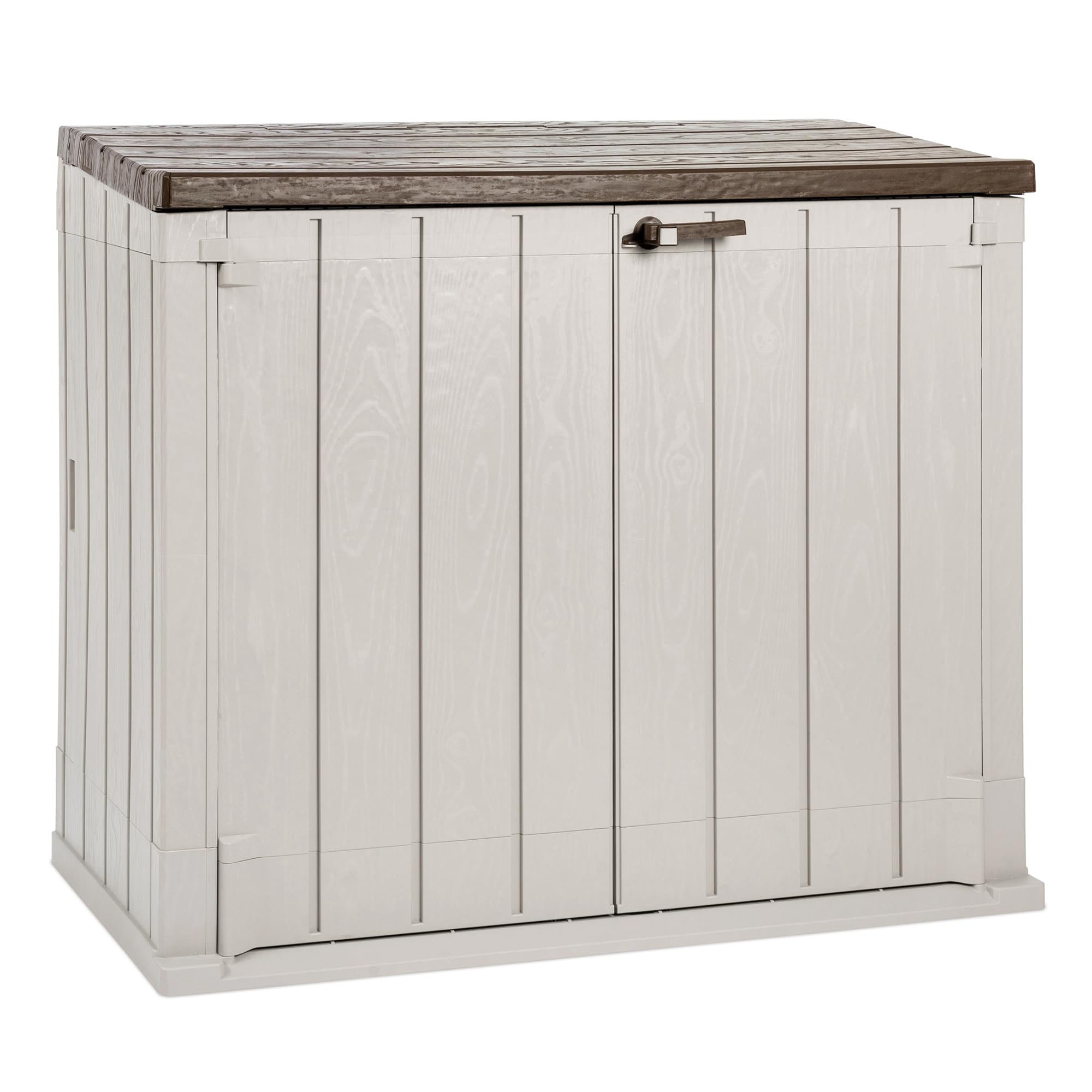 Toomax Storer Plus XL Baule da 1270L portattrezzi giardino, 145x85x124,5h cm effetto legno grigio talpa/marrone, porta bidoni spazzatura con coperchio assistito, resistente ai raggi UV, per esterni