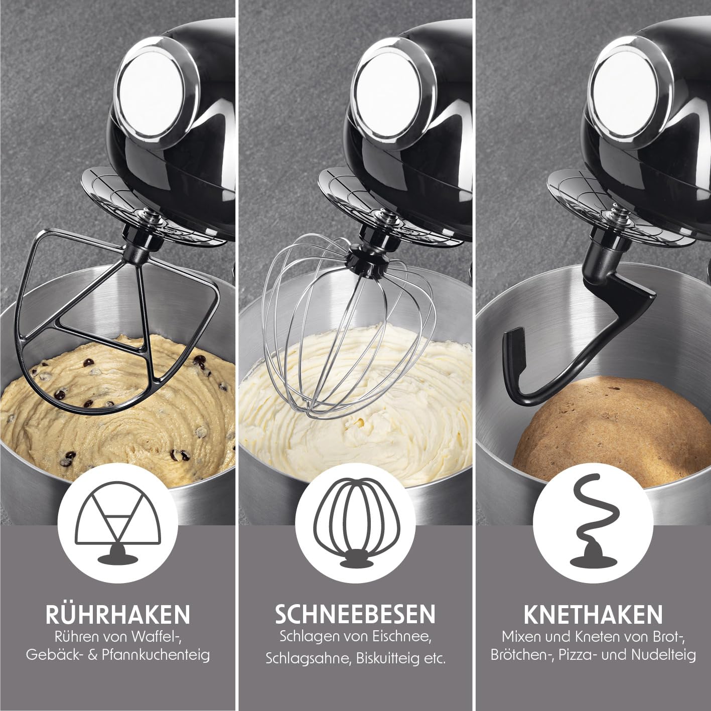 GOURMETmaxx Küchenmaschine & Rührgerät | Multifunktionale Küchenhilfe inkl. Rührschüssel und Aufsätze | Leistungsstarker Mixer mit Schneebesen und mehr | Elektrische Knetmaschine [schwarz]
