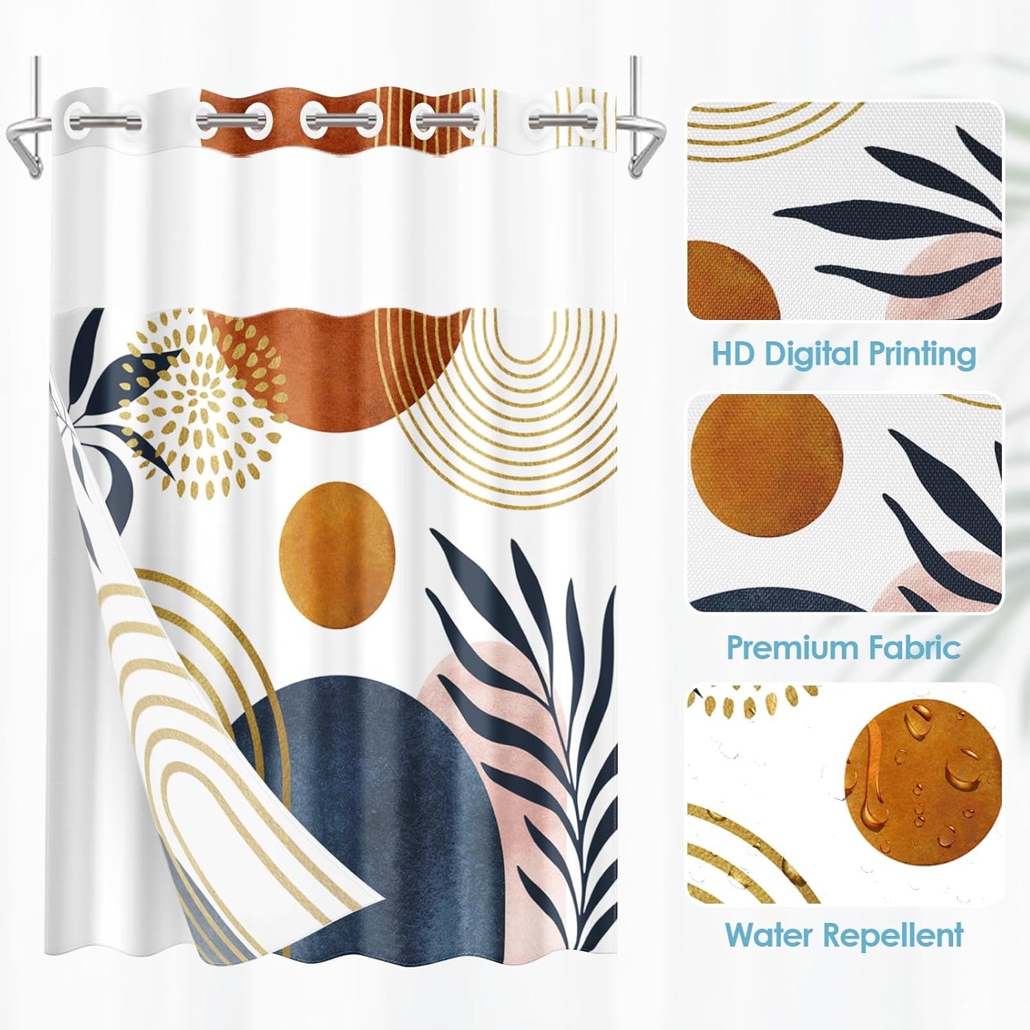 No Hook Boho Mid Century Shower Curtain with Snap in Fabric Liner, Abstract Leaves Sun Arch Double Layers Waterproof Fabric with See Through Top Window Open Grommet Bath Curtain 71x74 Inch
