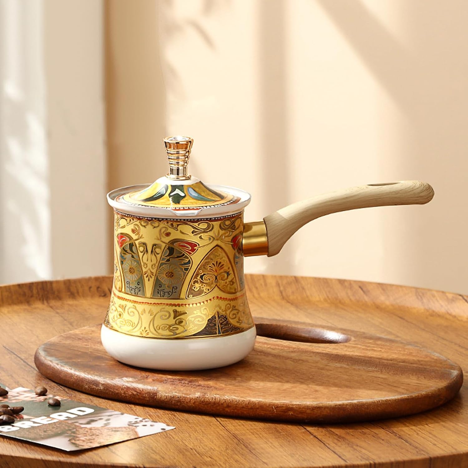 Turkish Arabic Coffee Pot with Wooden Handle,Stove Top Water Boiler, Coffee Maker, Butter, Chocolate & Milk Warmer,Even and Quick Heat with Handcrafted Metal Material (White and Gold) - Image 5