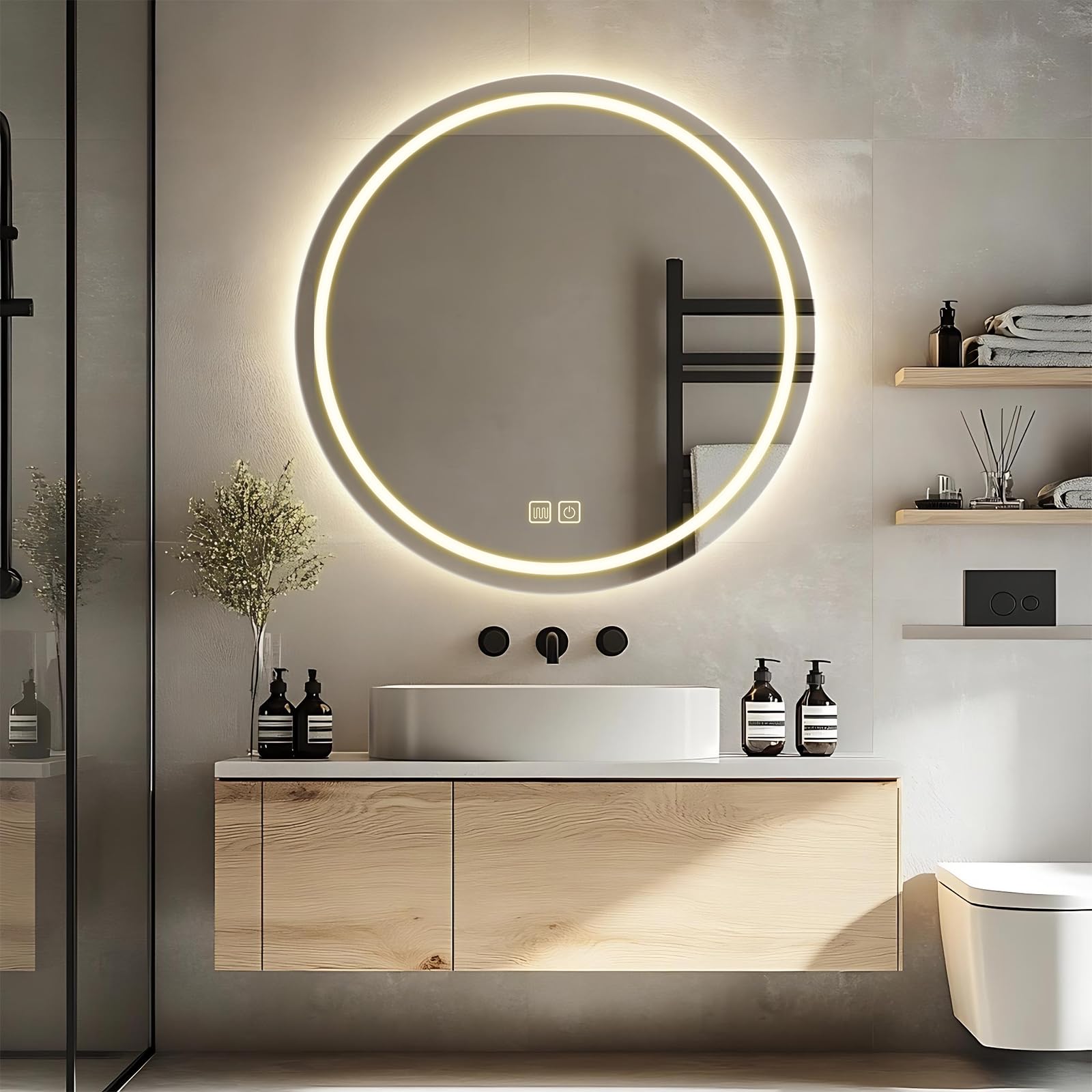 Specchio da Bagno LED con Illuminazione,Specchio Rotondo con Illuminazione,3 Colori di Luce Dimmerabili,Specchio da Bagno con Interruttore Touch e Antiappannamento,3000K-10000K (60 cm)