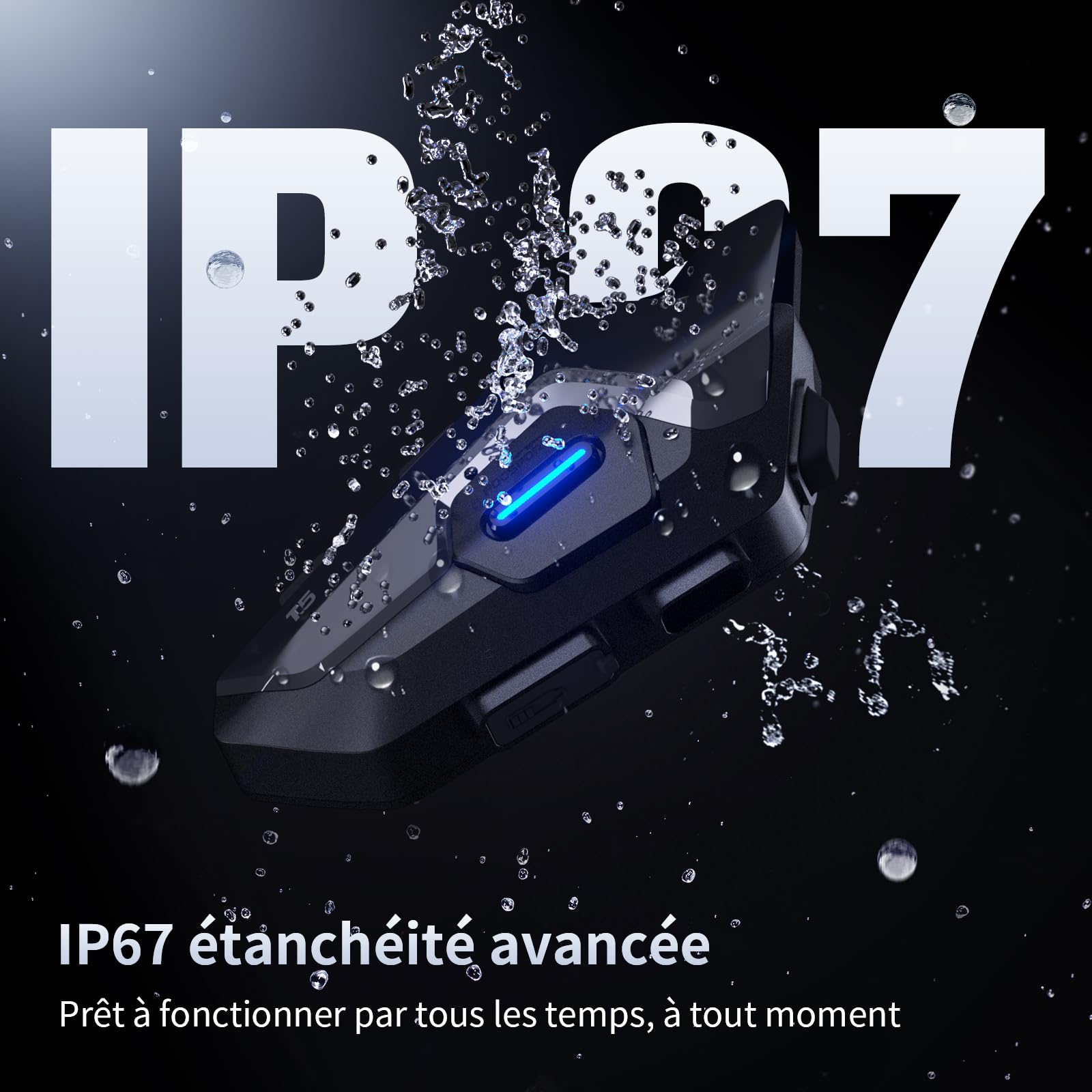 Fodsports T5 Intercom Moto Bluetooth 5.4 avec Assistant Vocal en 9 Langues, Système de Communication Moto avec Partage de Musique, Radio FM, Autonomie de 30 Heures, Étanche IP67, Mains Libres(2 Unité)