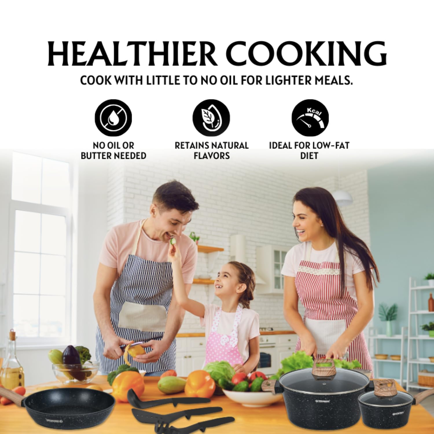 Herzberg - Batería de Cocina 14 Piezas, Revestimiento Granito, Aluminio Forjado, Mangos de Madera, Compatible Inducción, Tapas de Vidrio, Utensilios Incluidos, Negro