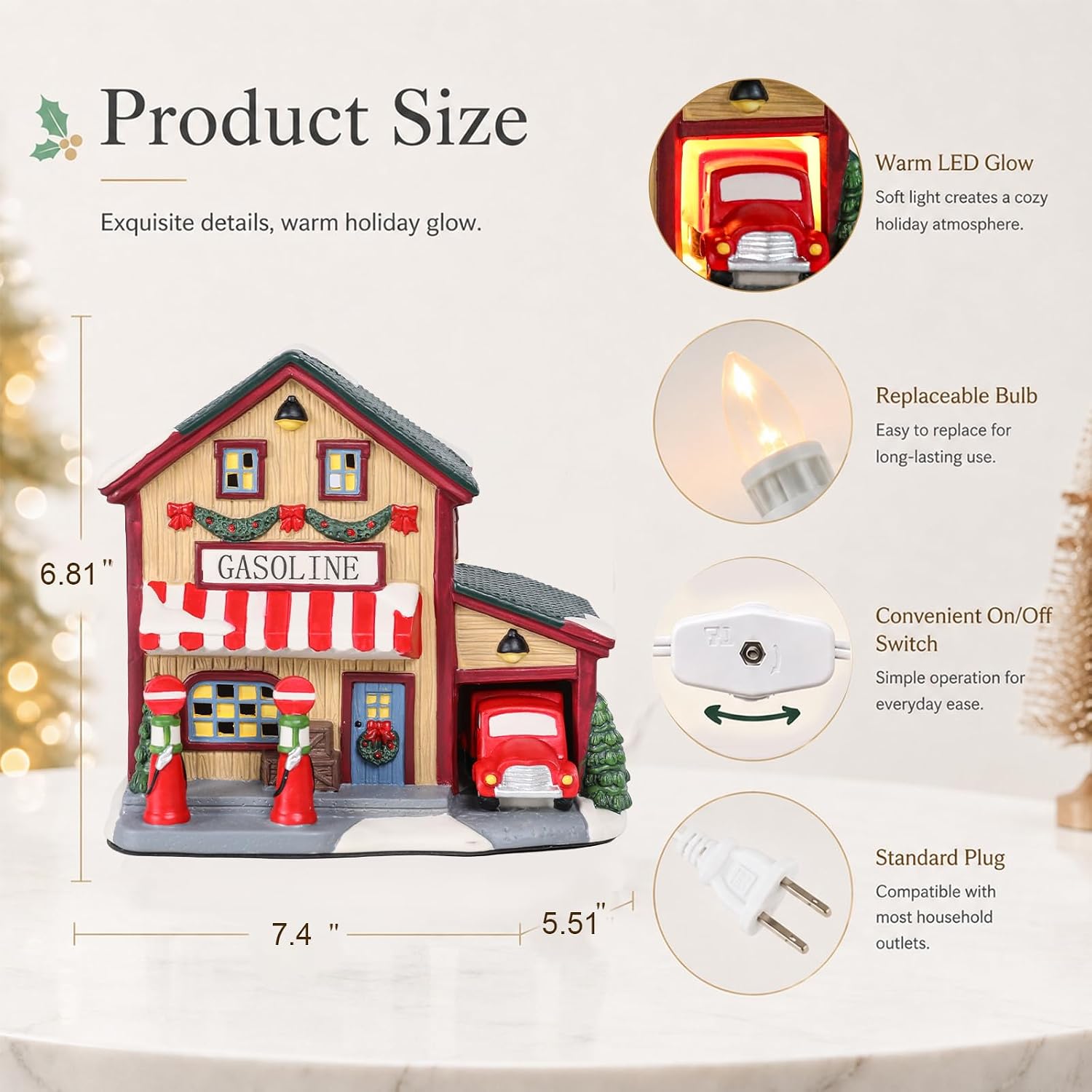Ceramic Christmas Village Houses, Light Up Gas Station Christmas House