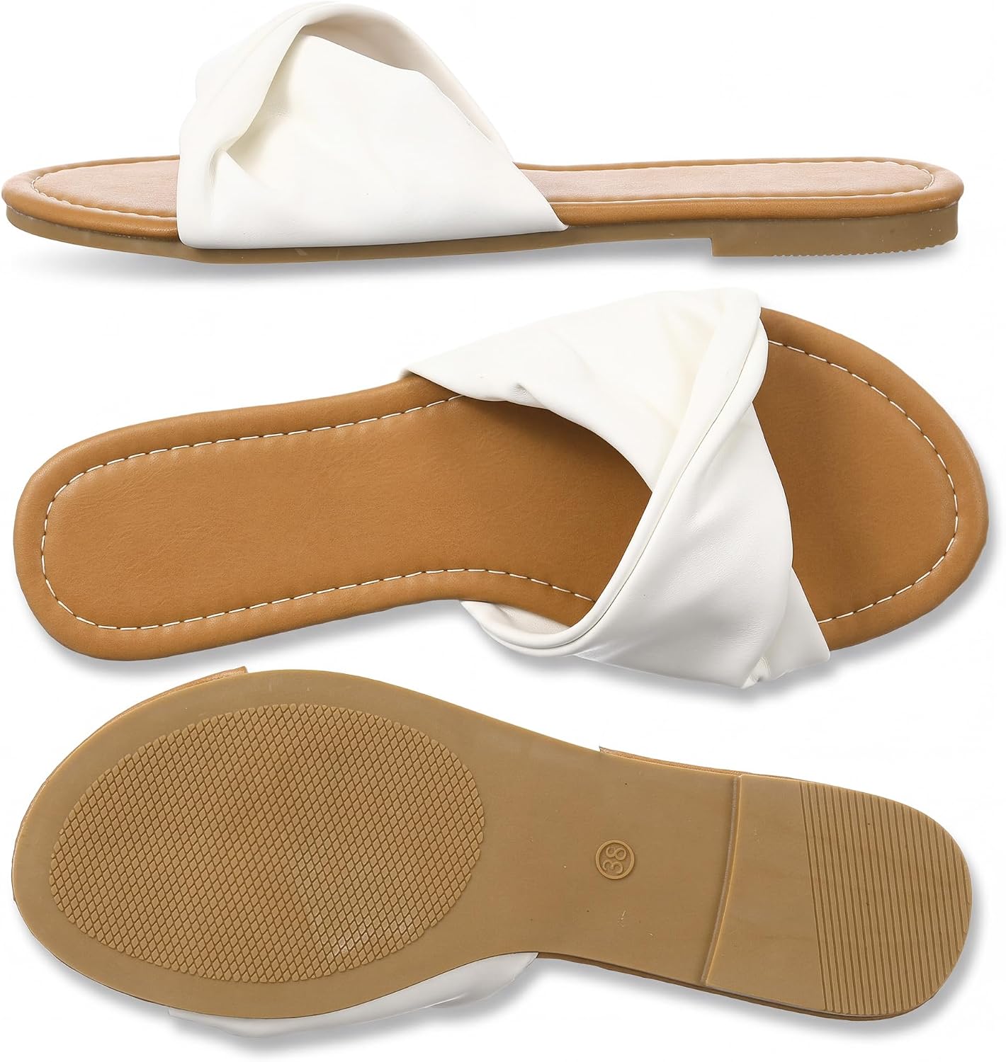 Unittype Women Flat Sandals White Dressy Leather Slides Soft Fashion Open Toe Slippers Summer Minimalist Slip On Beach Slides