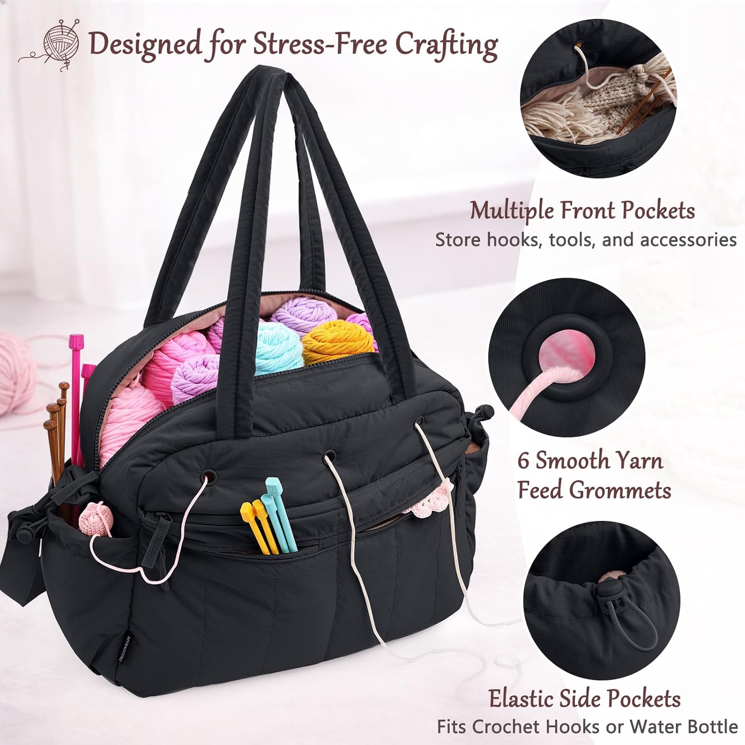 MYBAGZING Stylish Crochet Bag Organizer with Crochet Hook Case, Large Capacity Yarn Bag for Crocheting on the Go, Soft Quilted Crochet Tote with 7 Compartments, Knitting Project Carry-On Travel Gift